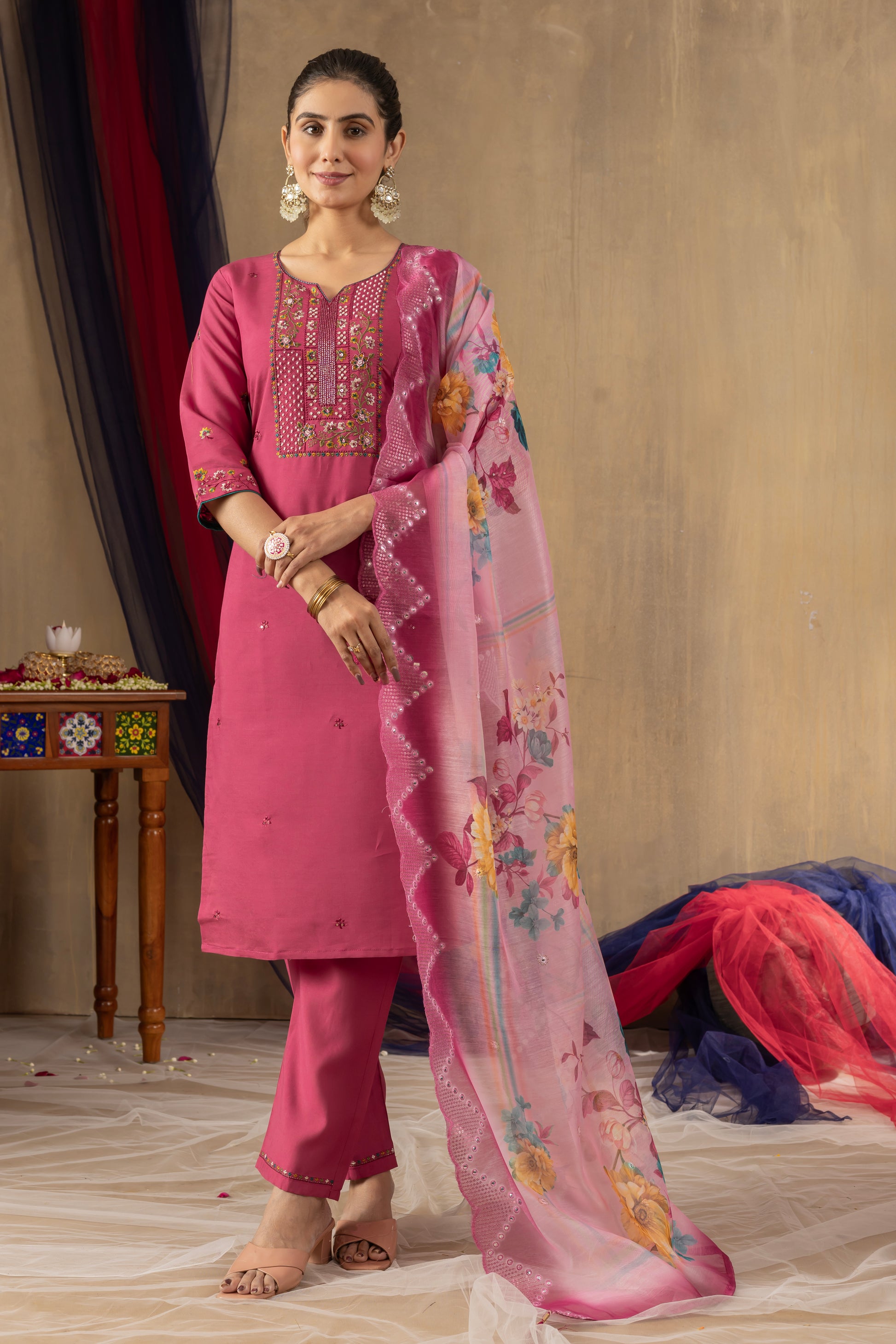 Rani Pink Roman Silk Embroidered Kurti Set with Floral Chanderi Dupatta – Kesarii Women’s Festive Wear
