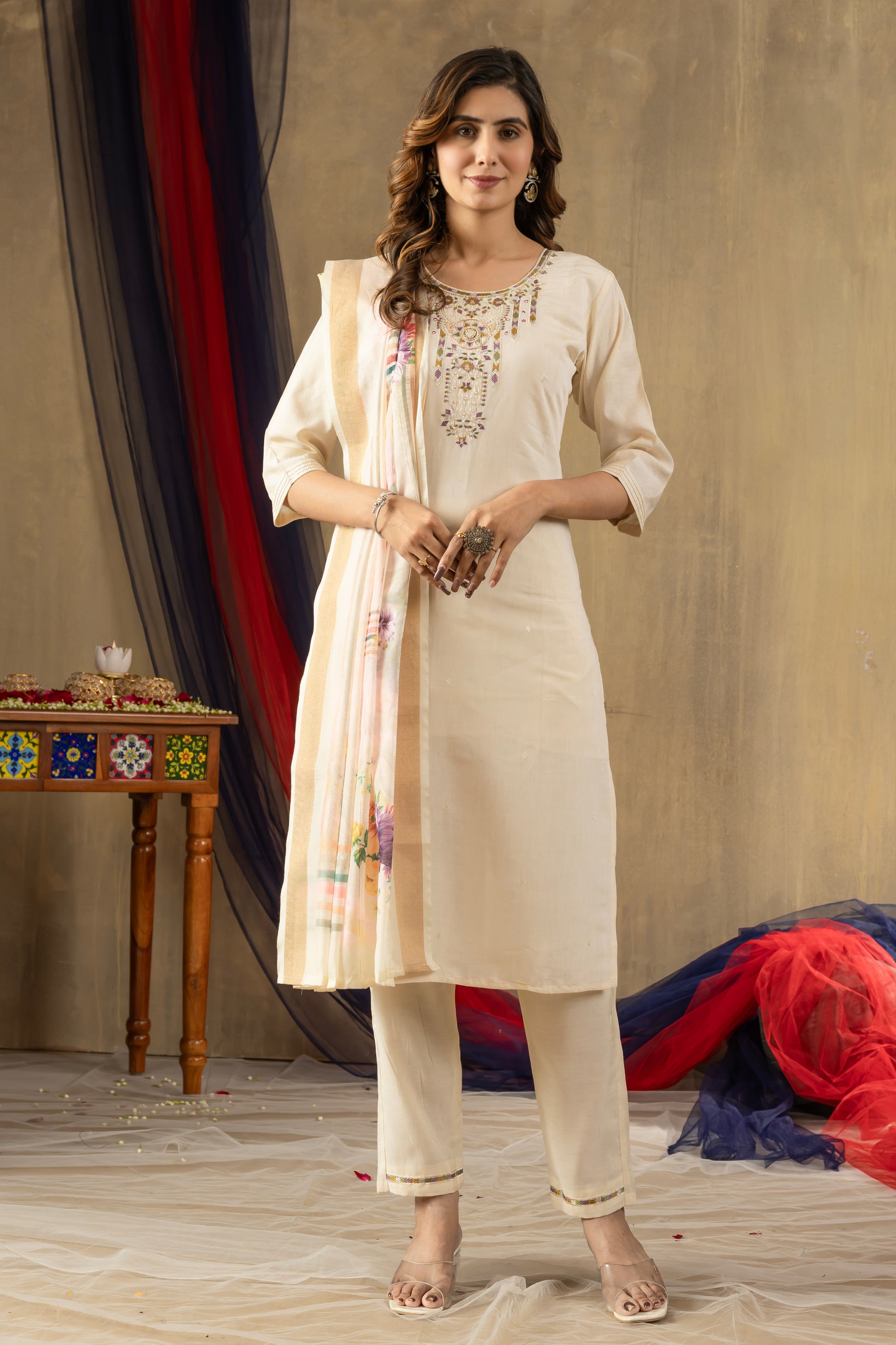 Off White Shimmer Gold Silk Kurti Set with Floral Muslin Dupatta – Kesarii Festive Ethnic Wear