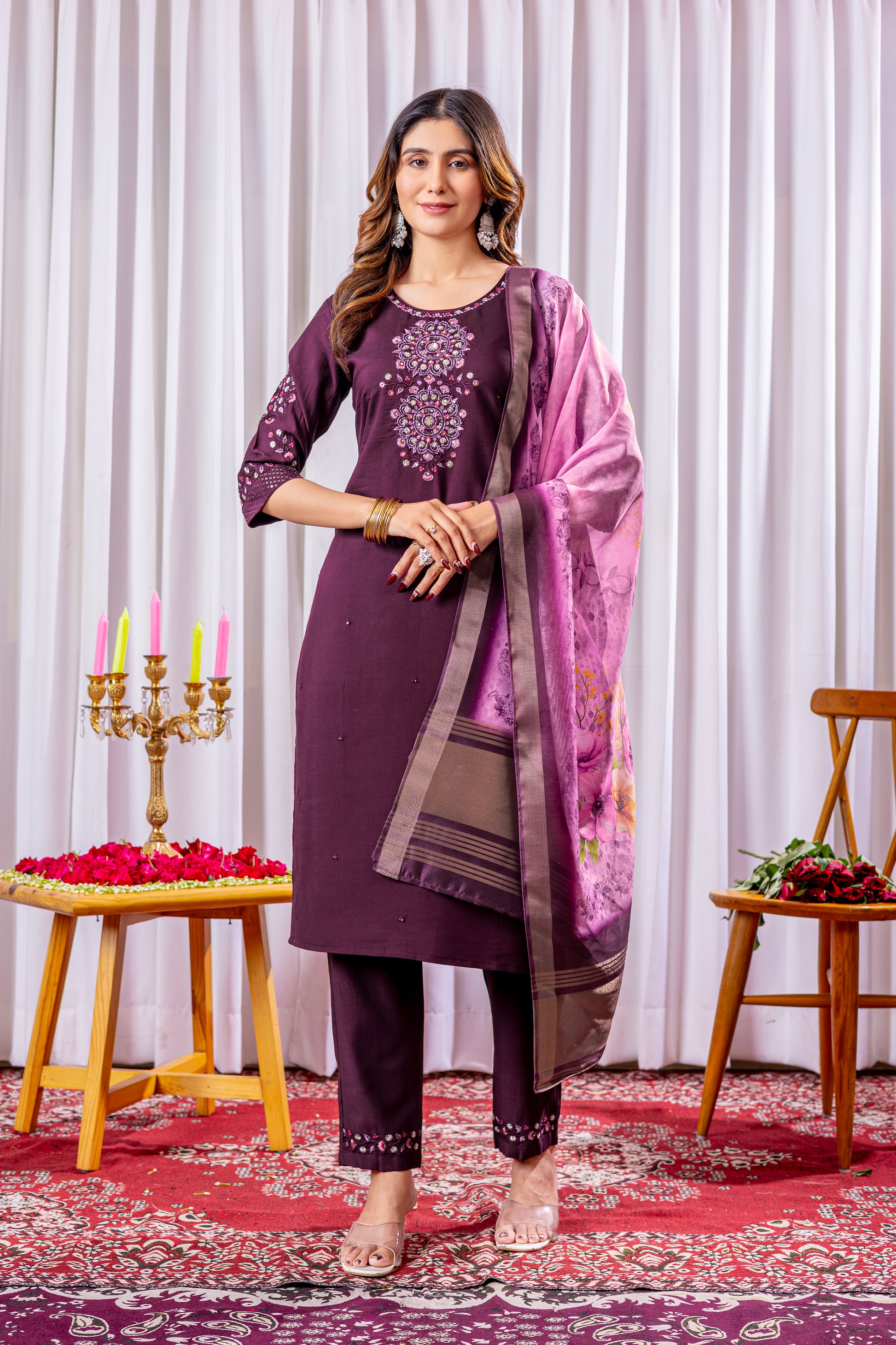 Wine Silk Embroidered Kurti Set with Floral Chanderi Dupatta – Kesarii Women's Ethnic Wear