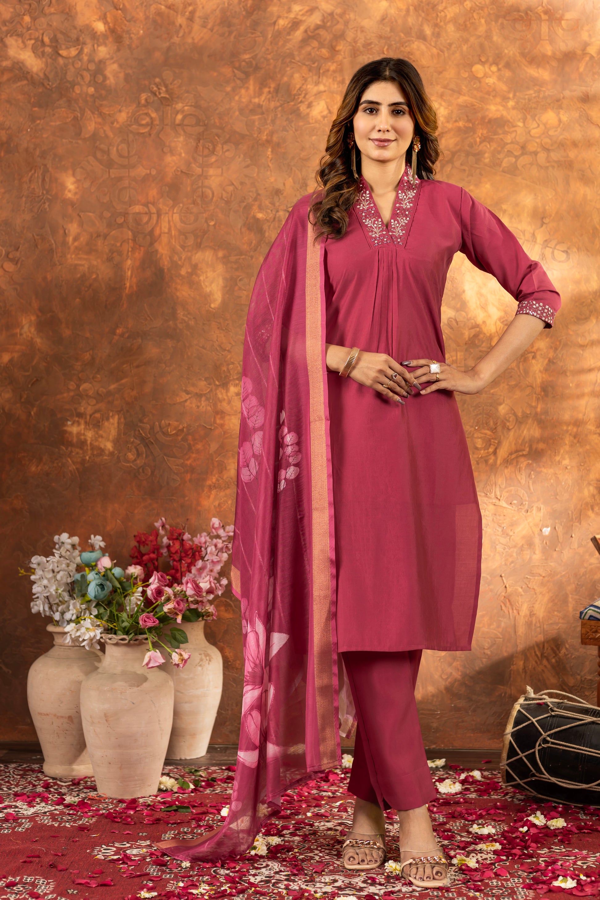 Rose Pink Roman Silk Kurti Set with Embroidered Neck & Floral Maslin Dupatta – Kesarii Elegant Ethnic Wear