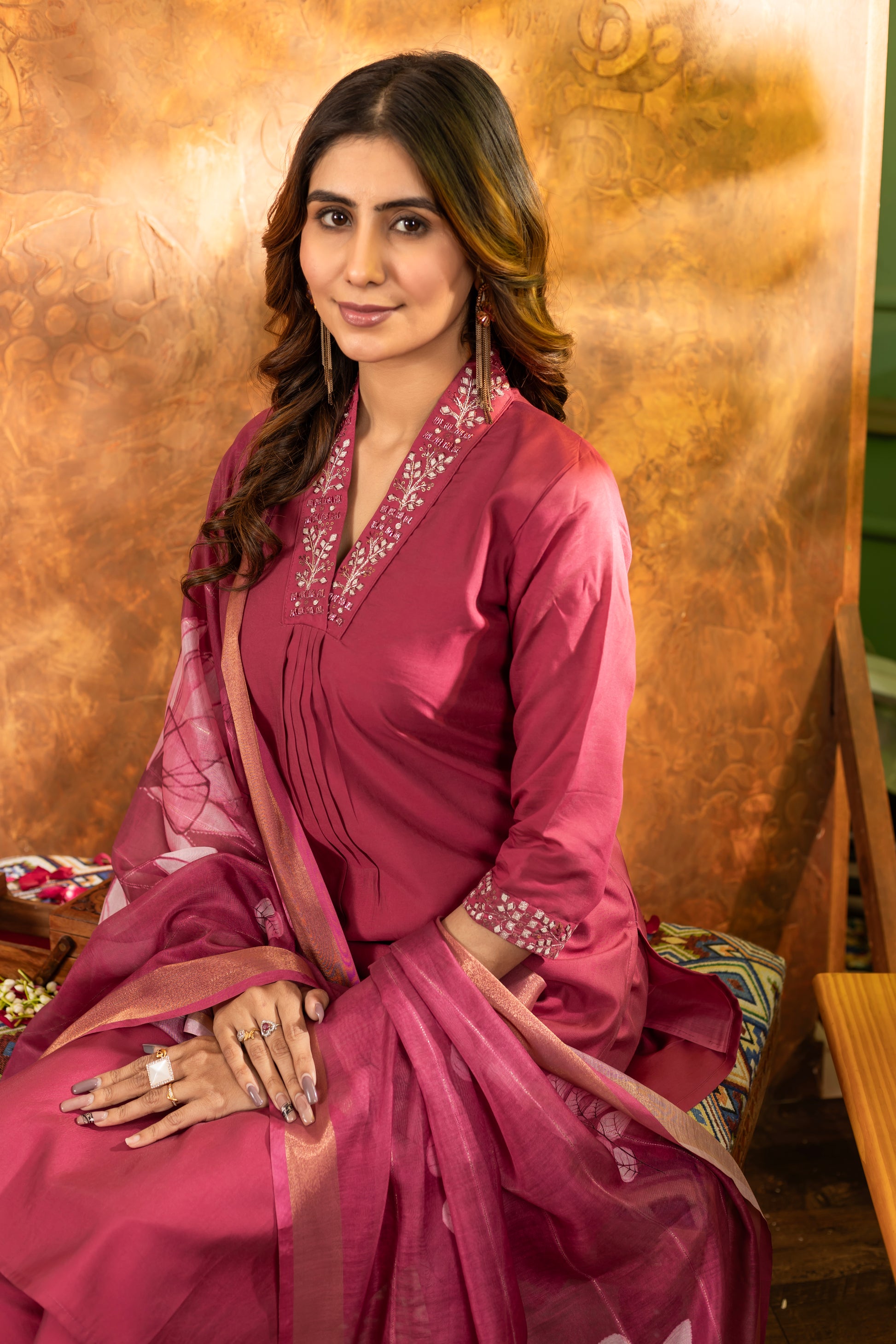 Rose Pink Roman Silk Kurti Set with Embroidered Neck & Floral Maslin Dupatta – Kesarii Elegant Ethnic Wear