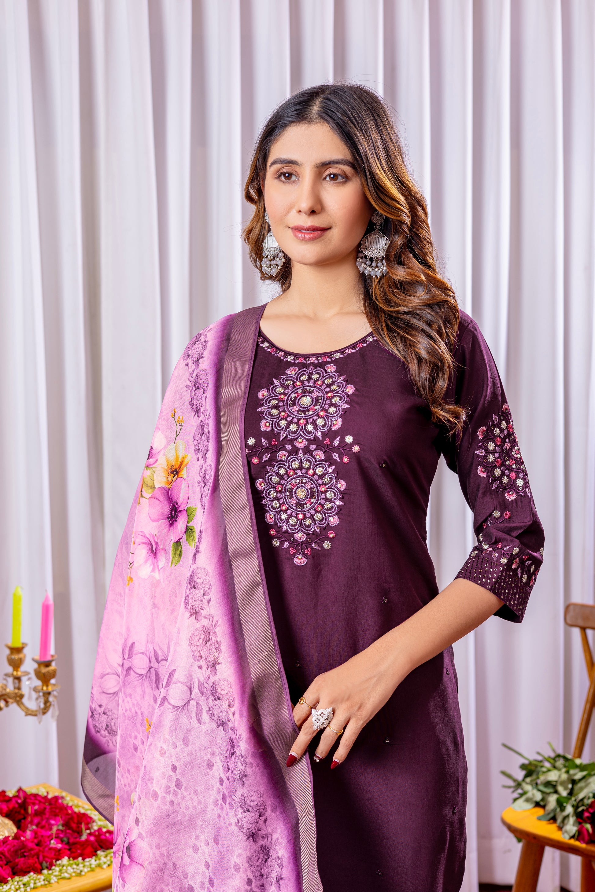 Wine Silk Embroidered Kurti Set with Floral Chanderi Dupatta – Kesarii Women's Ethnic Wear