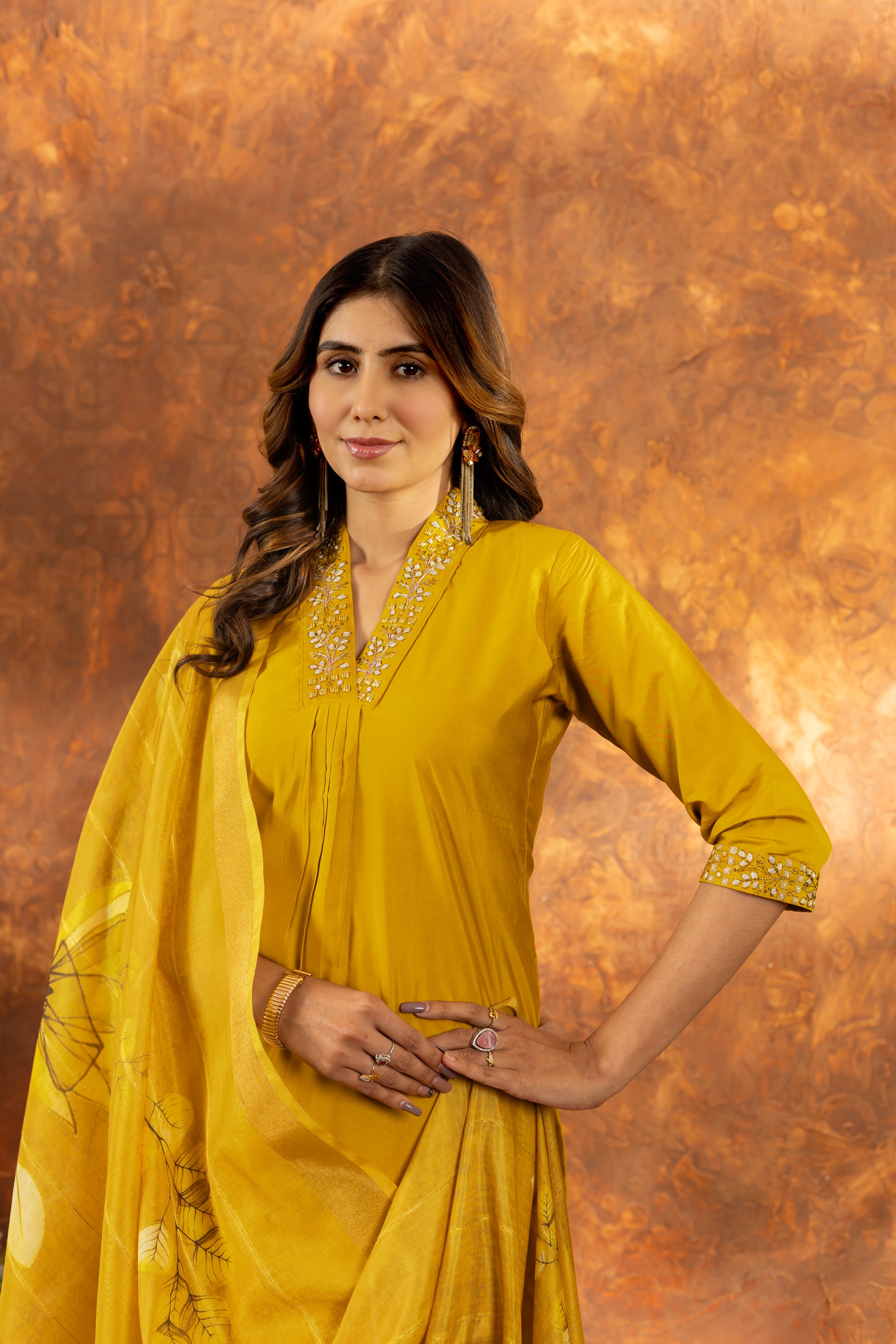Musterd Yellow Roman Silk Kurti Set with Embroidered Neck & Floral Maslin Dupatta – Kesarii Elegant Ethnic Wear