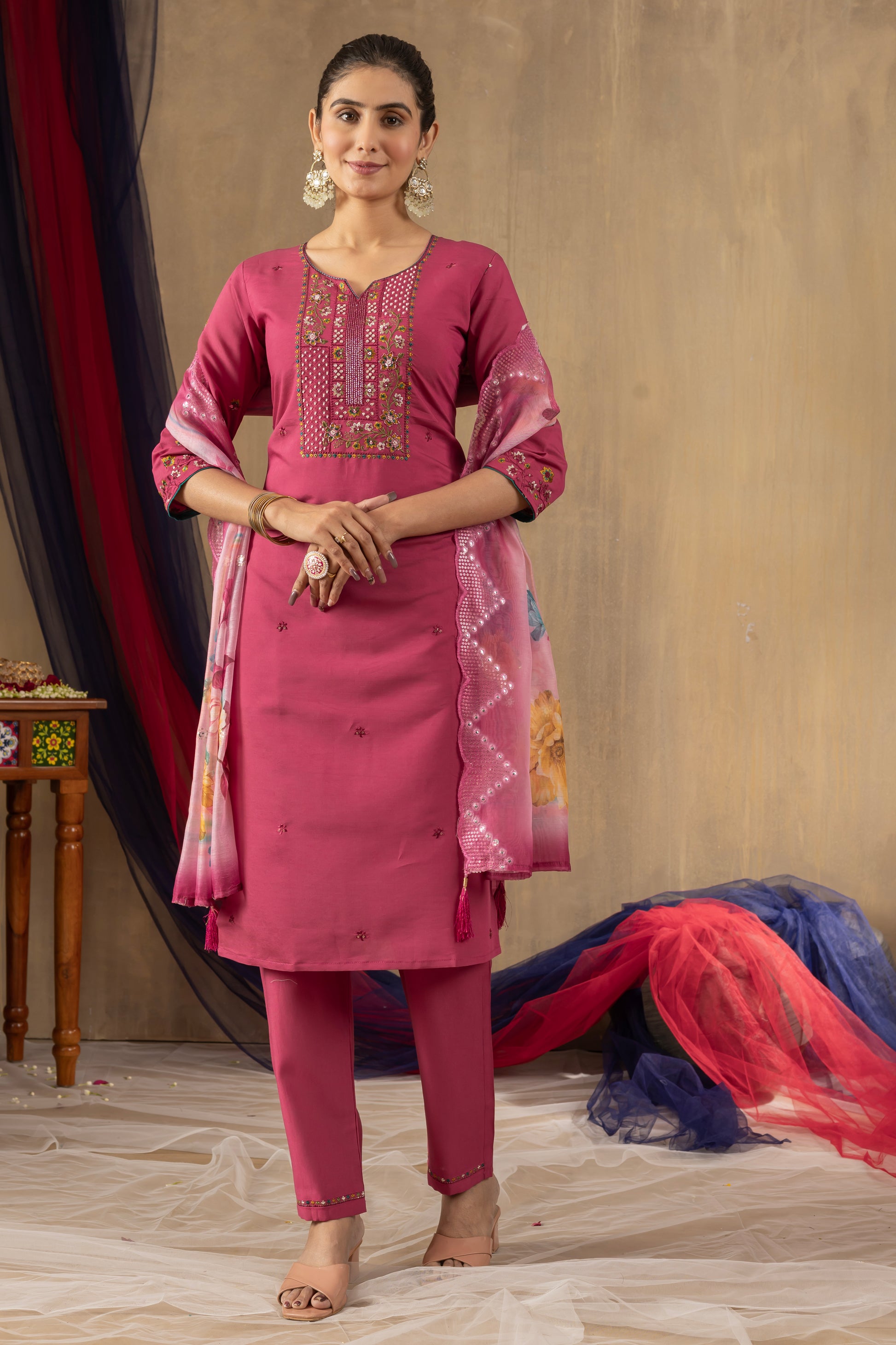 Rani Pink Roman Silk Embroidered Kurti Set with Floral Chanderi Dupatta – Kesarii Women’s Festive Wear