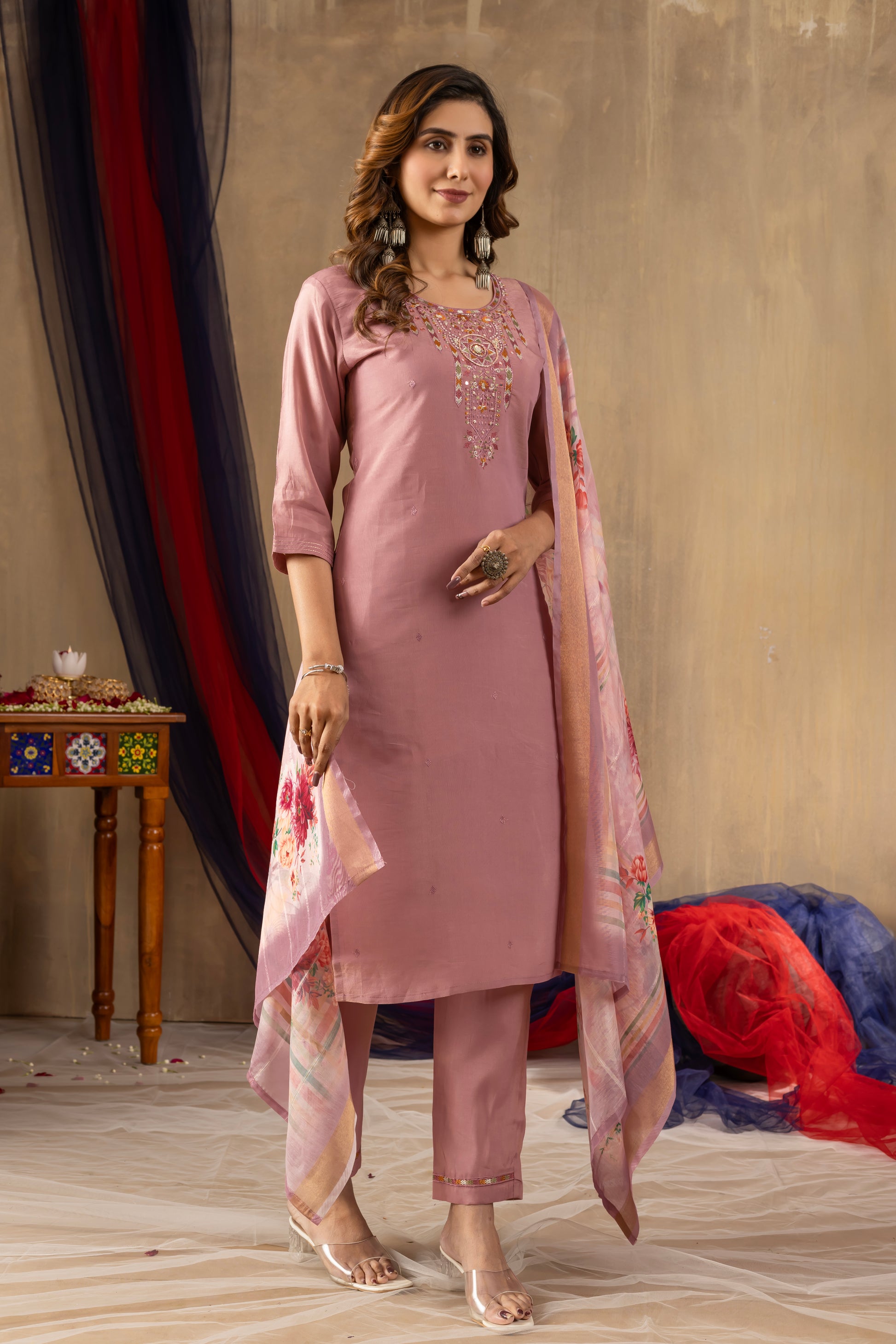 Dusty Pink Shimmer Gold Silk Kurti Set with Floral Muslin Dupatta – Kesarii Festive Ethnic Wear