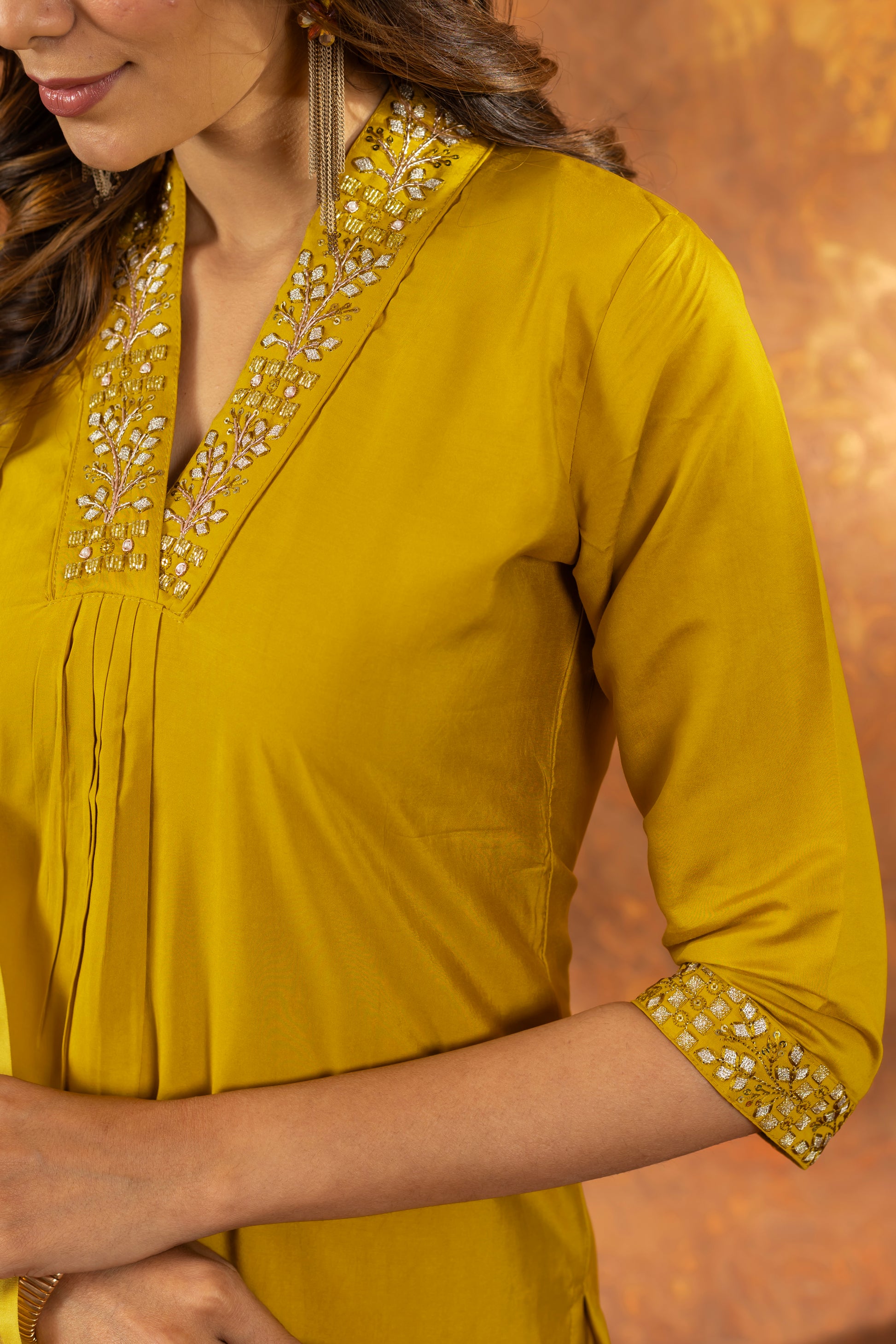 Musterd Yellow Roman Silk Kurti Set with Embroidered Neck & Floral Maslin Dupatta – Kesarii Elegant Ethnic Wear