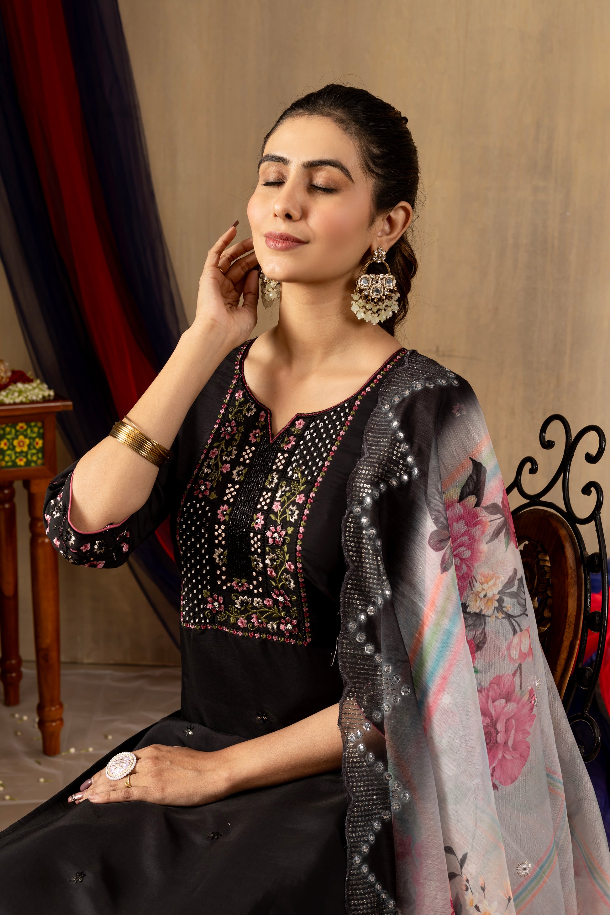 Black Roman Silk Embroidered Kurti Set with Floral Chanderi Dupatta – Kesarii Ethnic Collection