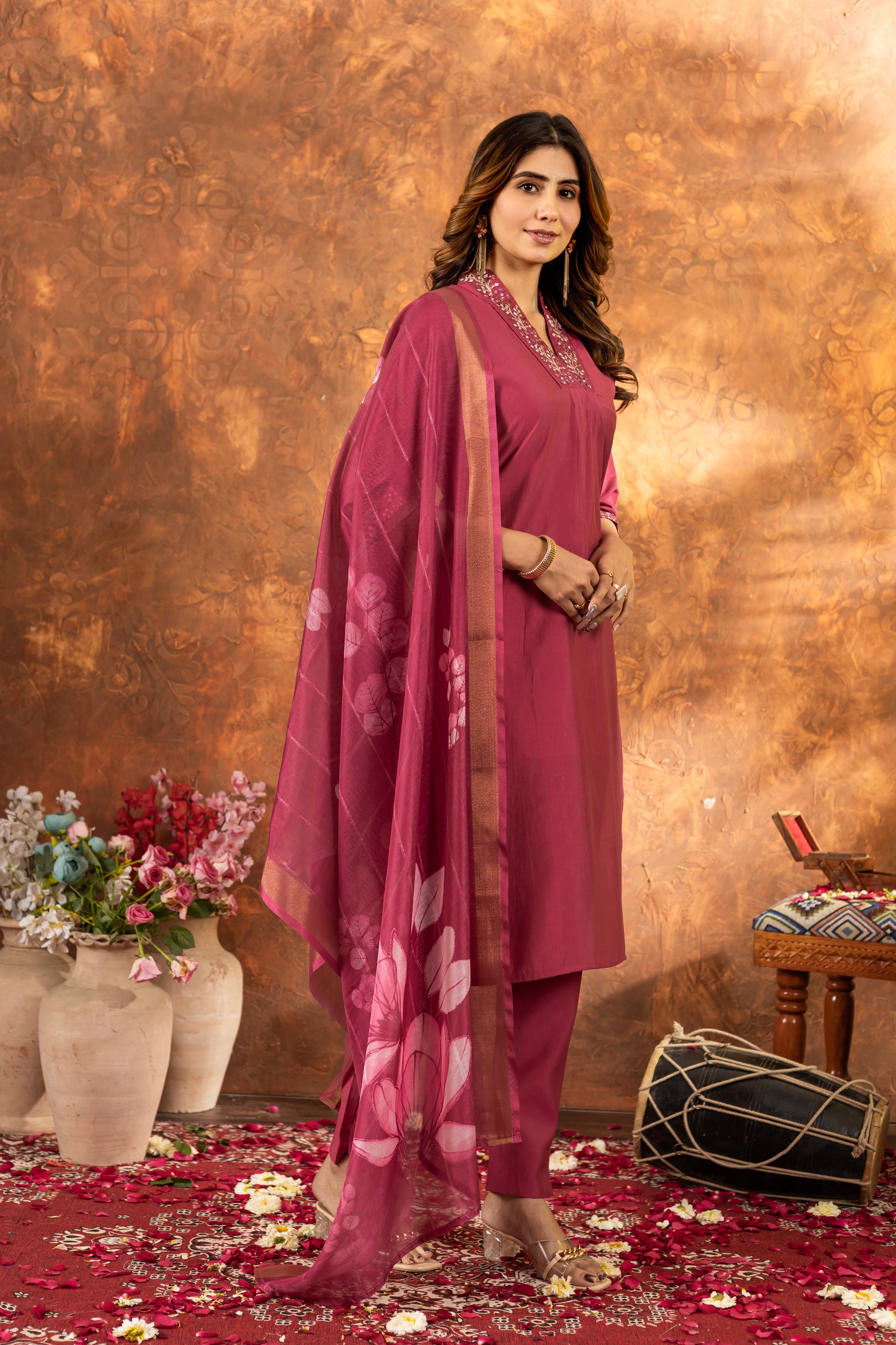Rose Pink Roman Silk Kurti Set with Embroidered Neck & Floral Maslin Dupatta – Kesarii Elegant Ethnic Wear