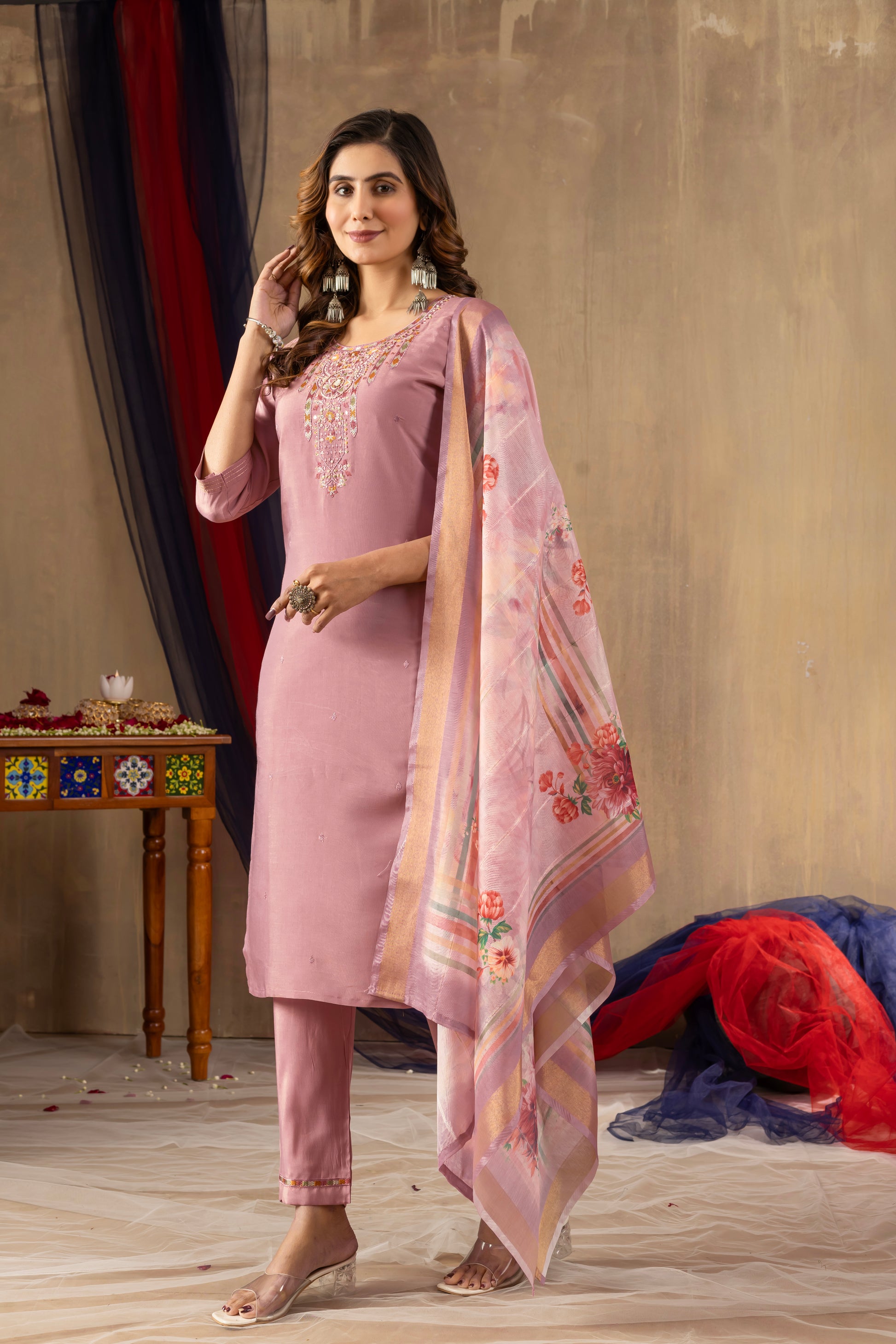 Dusty Pink Shimmer Gold Silk Kurti Set with Floral Muslin Dupatta – Kesarii Festive Ethnic Wear