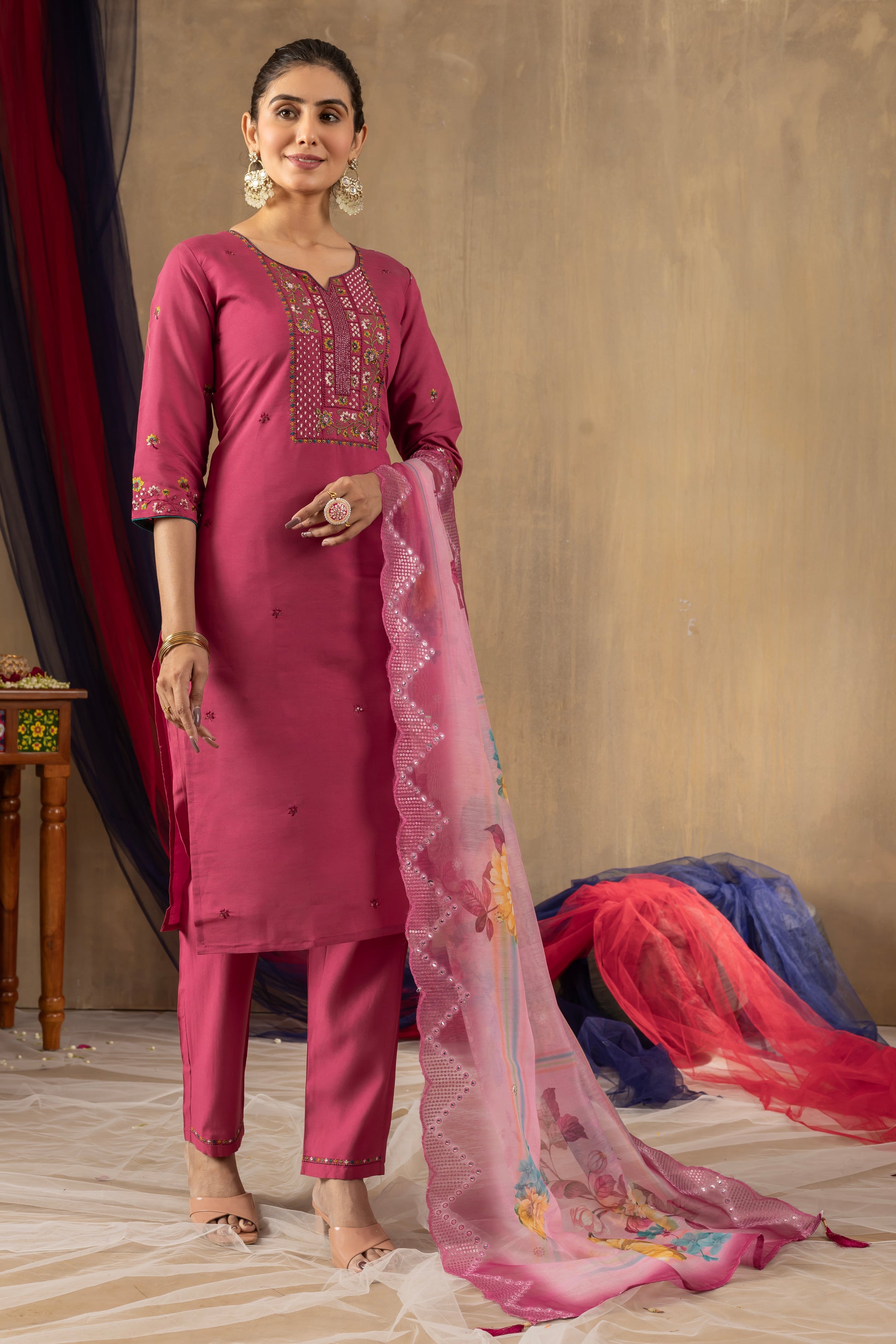 Rani Pink Roman Silk Embroidered Kurti Set with Floral Chanderi Dupatta – Kesarii Women’s Festive Wear
