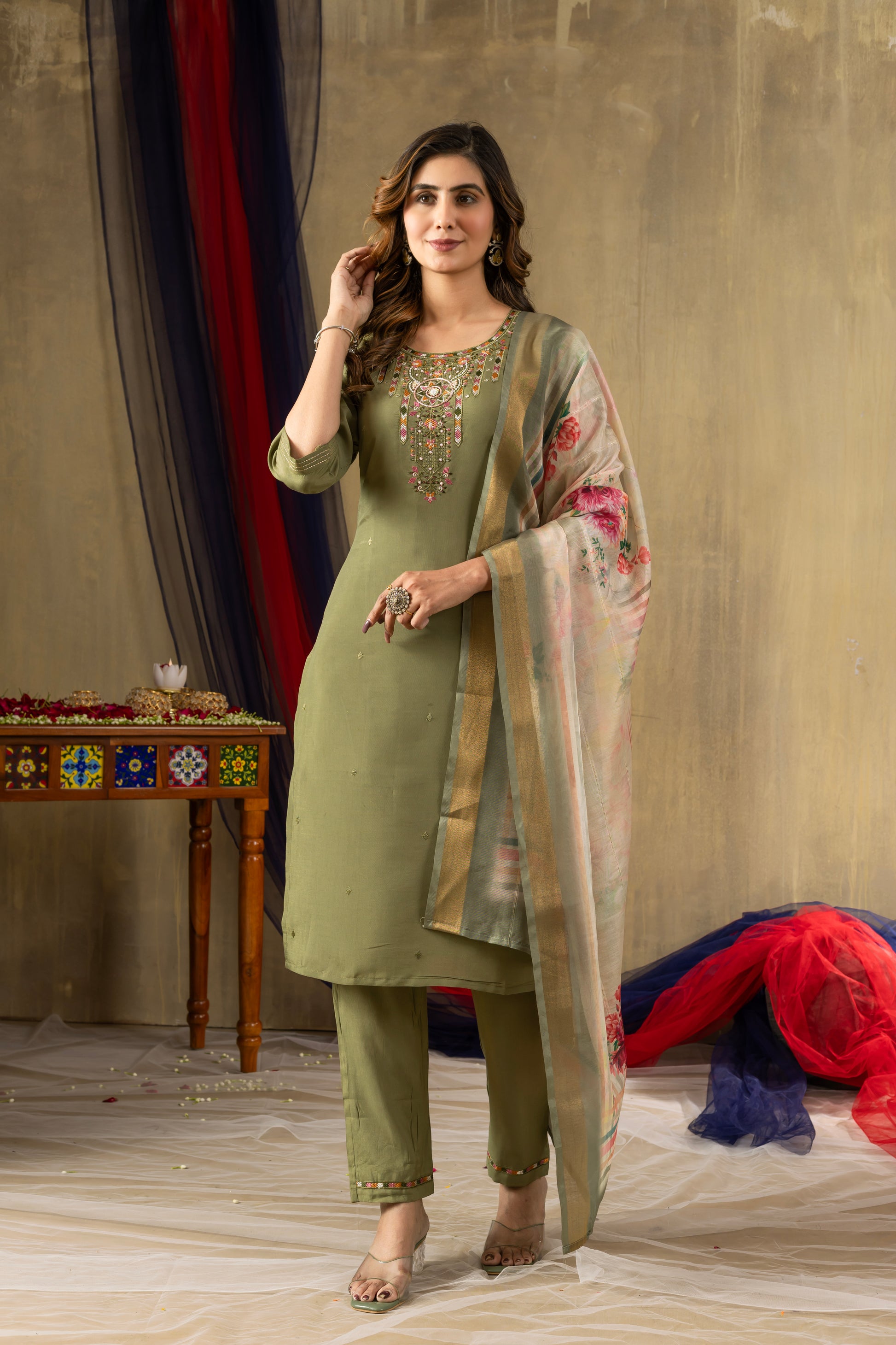 Pista Green Shimmer Gold Silk Kurti Set with Floral Muslin Dupatta – Kesarii Festive Ethnic Wear