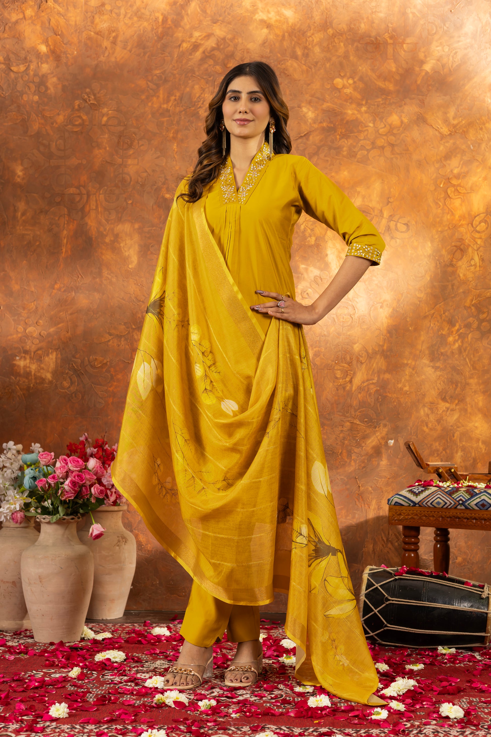 Musterd Yellow Roman Silk Kurti Set with Embroidered Neck & Floral Maslin Dupatta – Kesarii Elegant Ethnic Wear