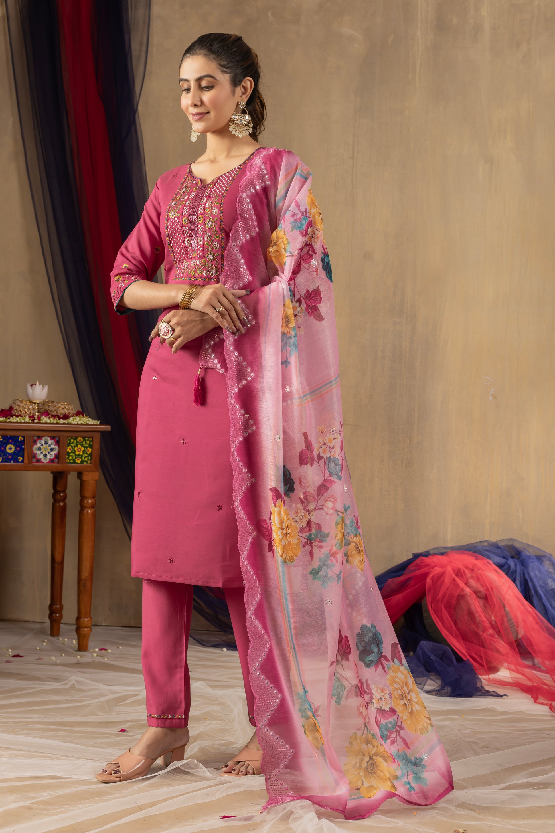 Rani Pink Roman Silk Embroidered Kurti Set with Floral Chanderi Dupatta – Kesarii Women’s Festive Wear