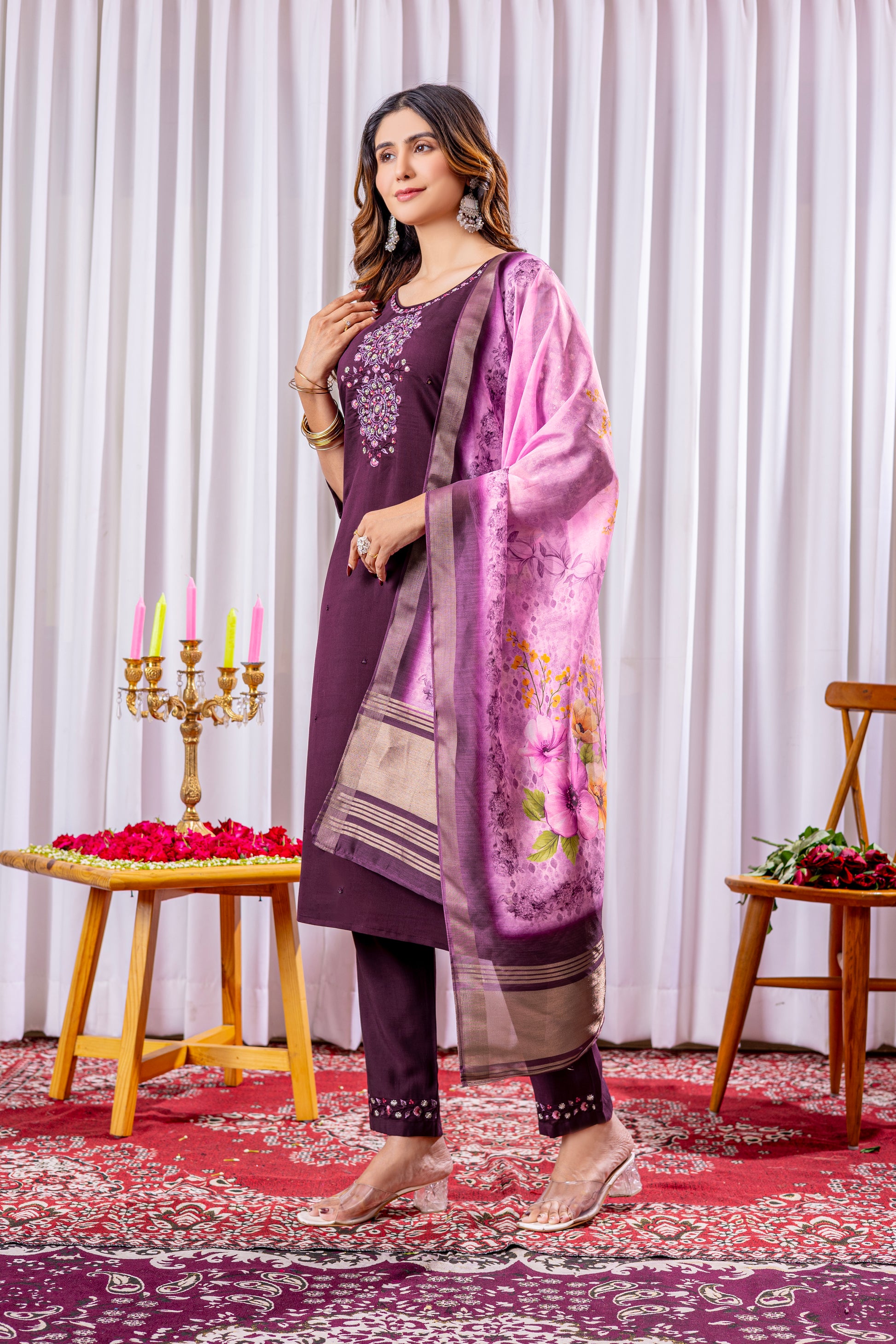 Wine Silk Embroidered Kurti Set with Floral Chanderi Dupatta – Kesarii Women's Ethnic Wear