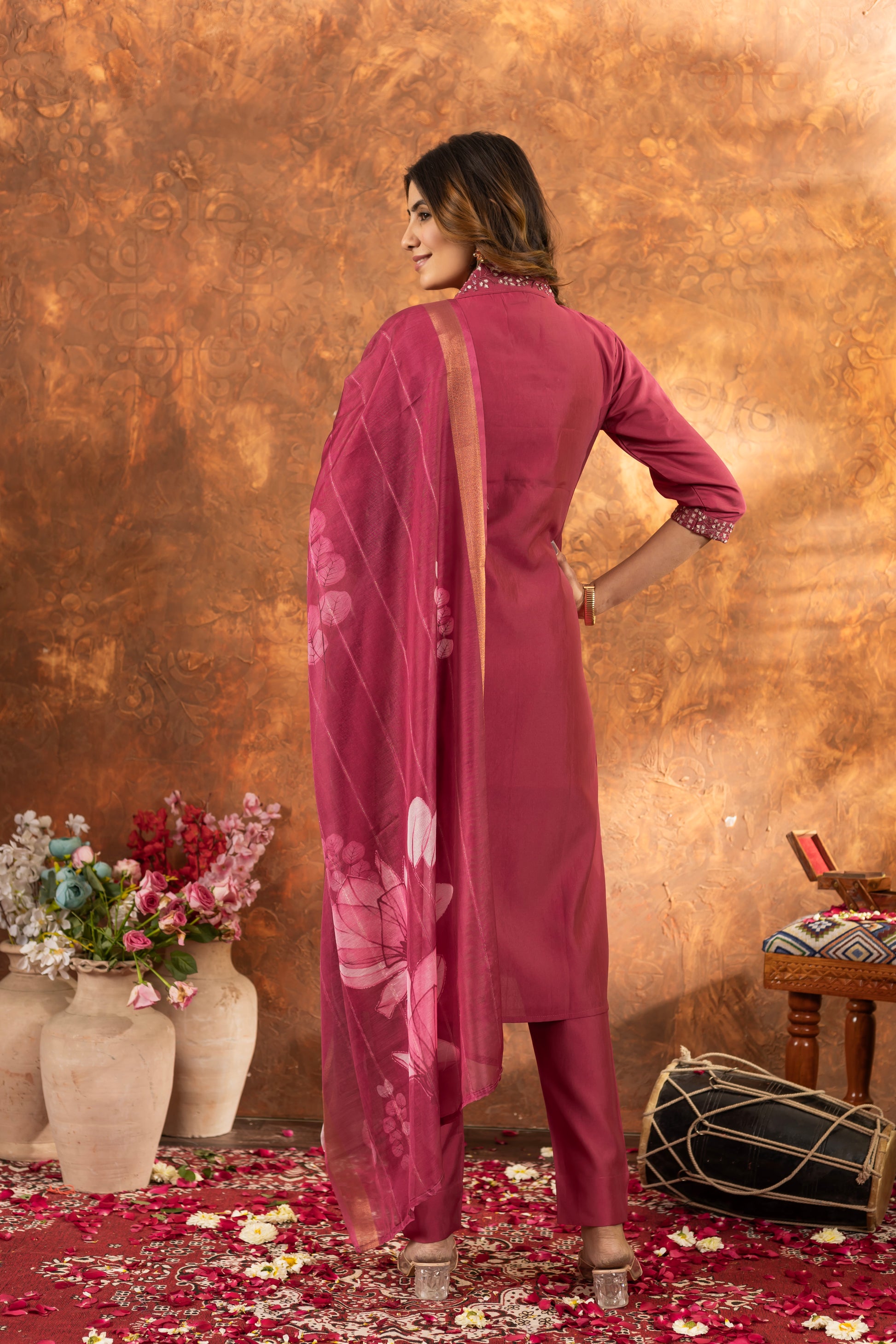 Rose Pink Roman Silk Kurti Set with Embroidered Neck & Floral Maslin Dupatta – Kesarii Elegant Ethnic Wear