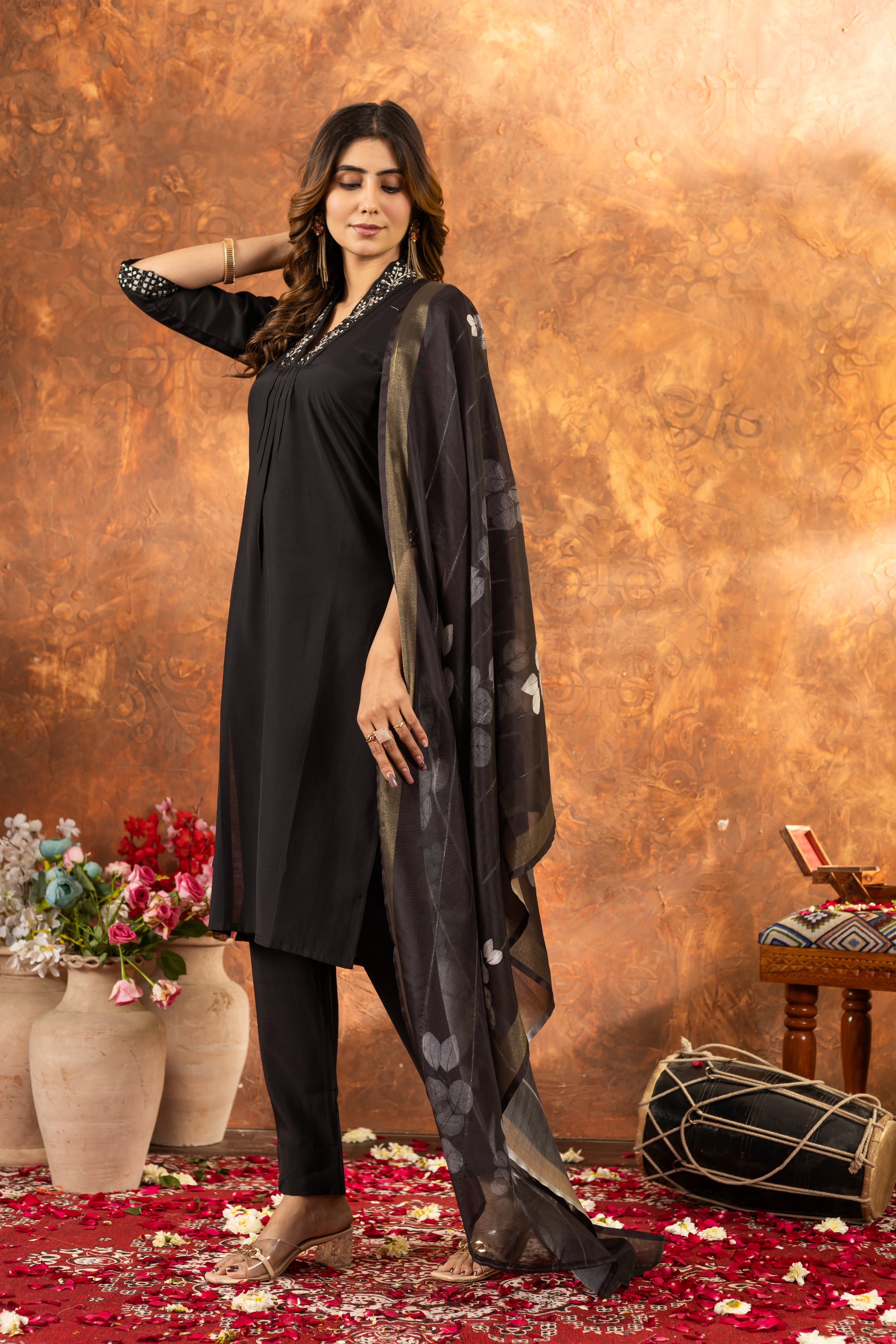 Clasic Black Roman Silk Kurti Set with Embroidered Neck & Floral Maslin Dupatta – Kesarii Elegant Ethnic Wear