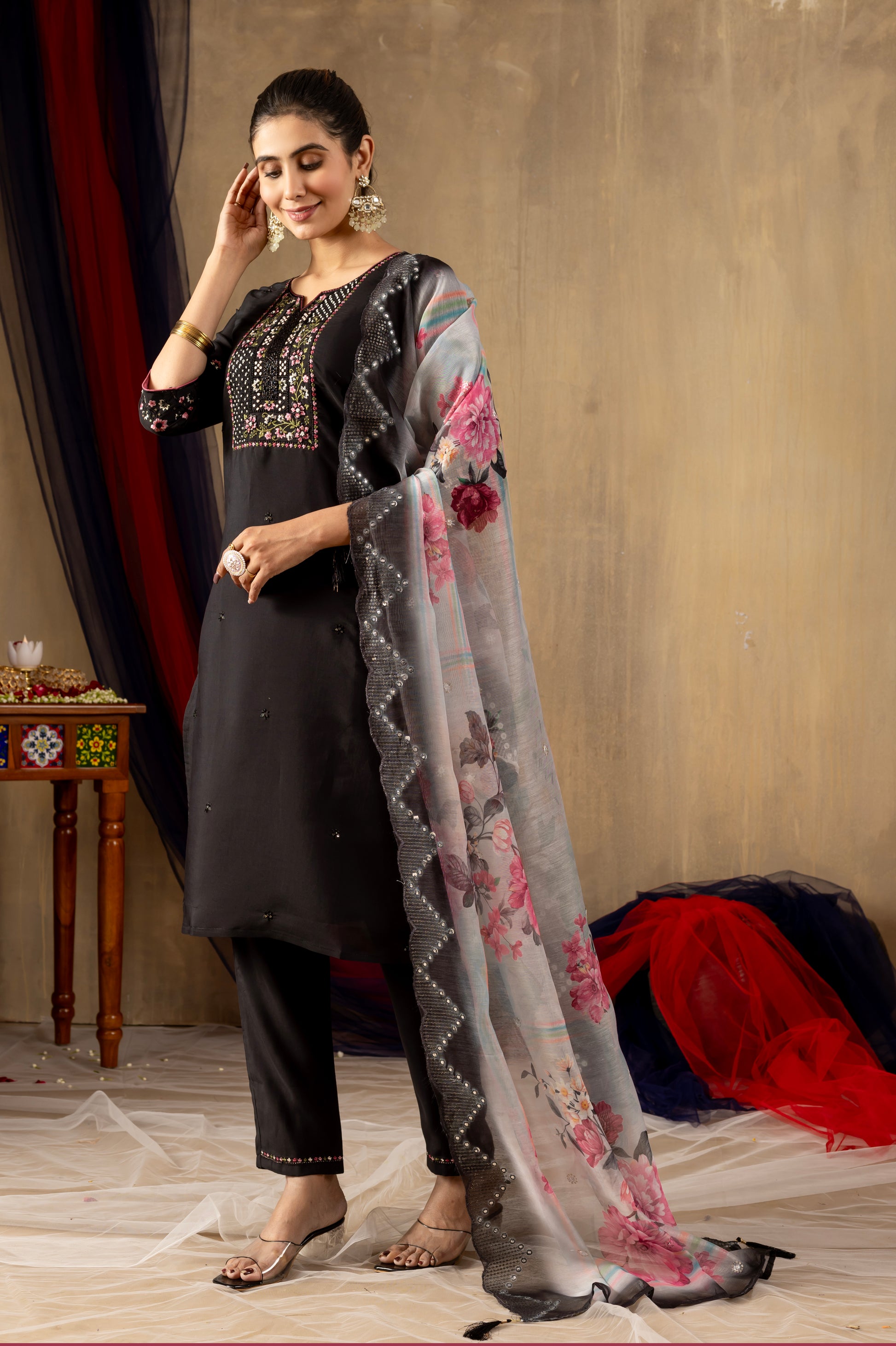 Black Roman Silk Embroidered Kurti Set with Floral Chanderi Dupatta – Kesarii Ethnic Collection