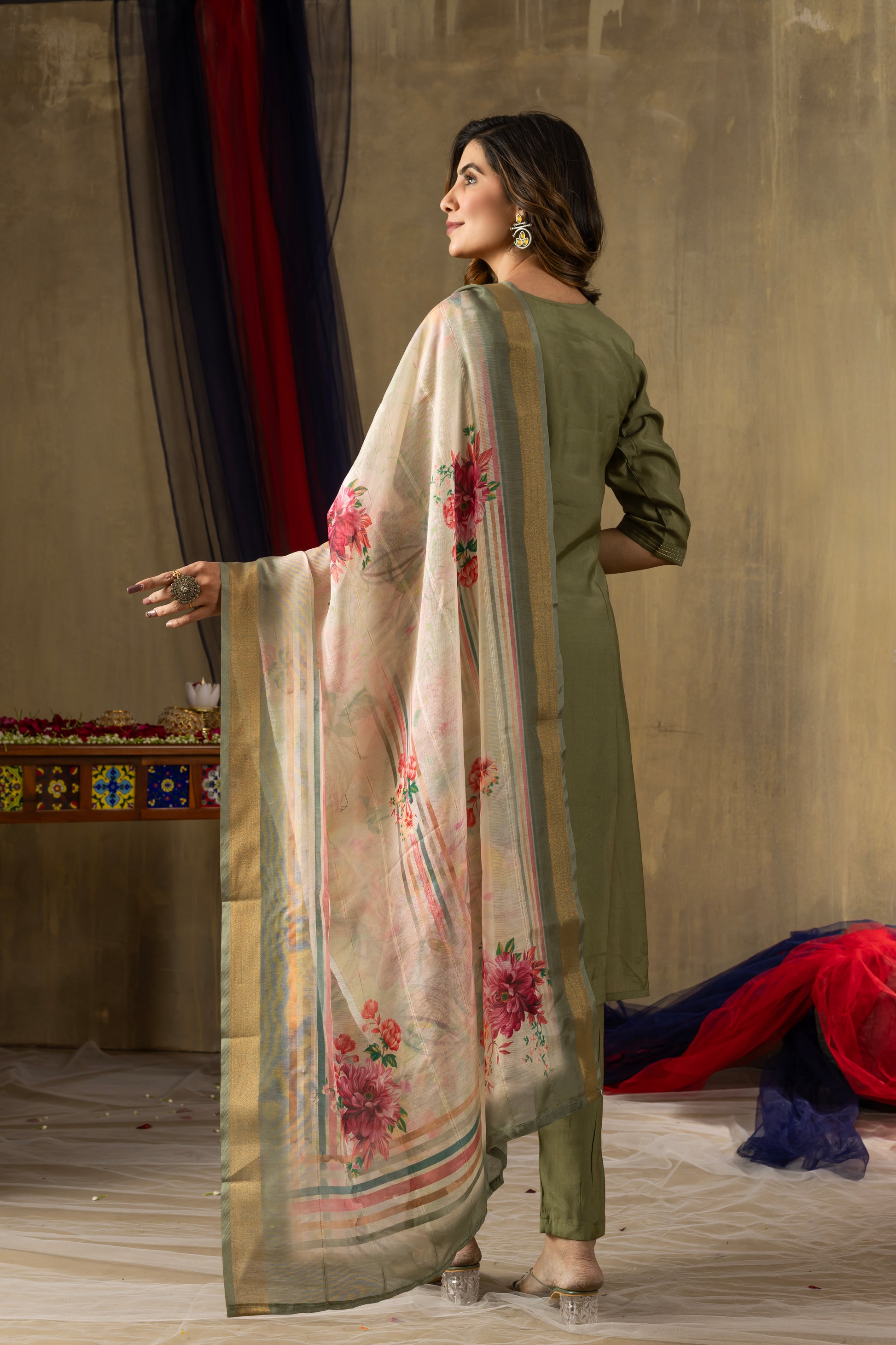 Pista Green Shimmer Gold Silk Kurti Set with Floral Muslin Dupatta – Kesarii Festive Ethnic Wear