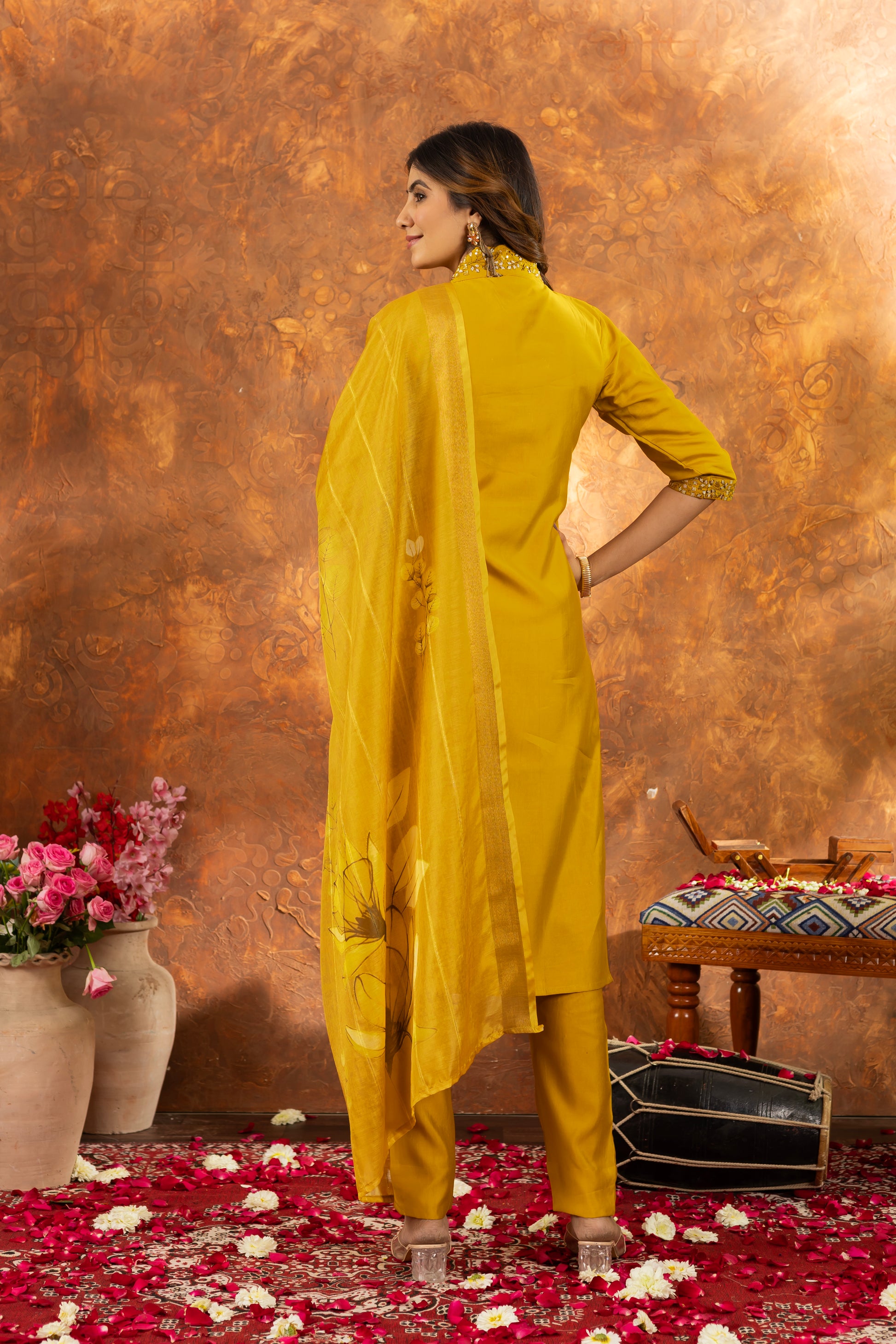 Musterd Yellow Roman Silk Kurti Set with Embroidered Neck & Floral Maslin Dupatta – Kesarii Elegant Ethnic Wear