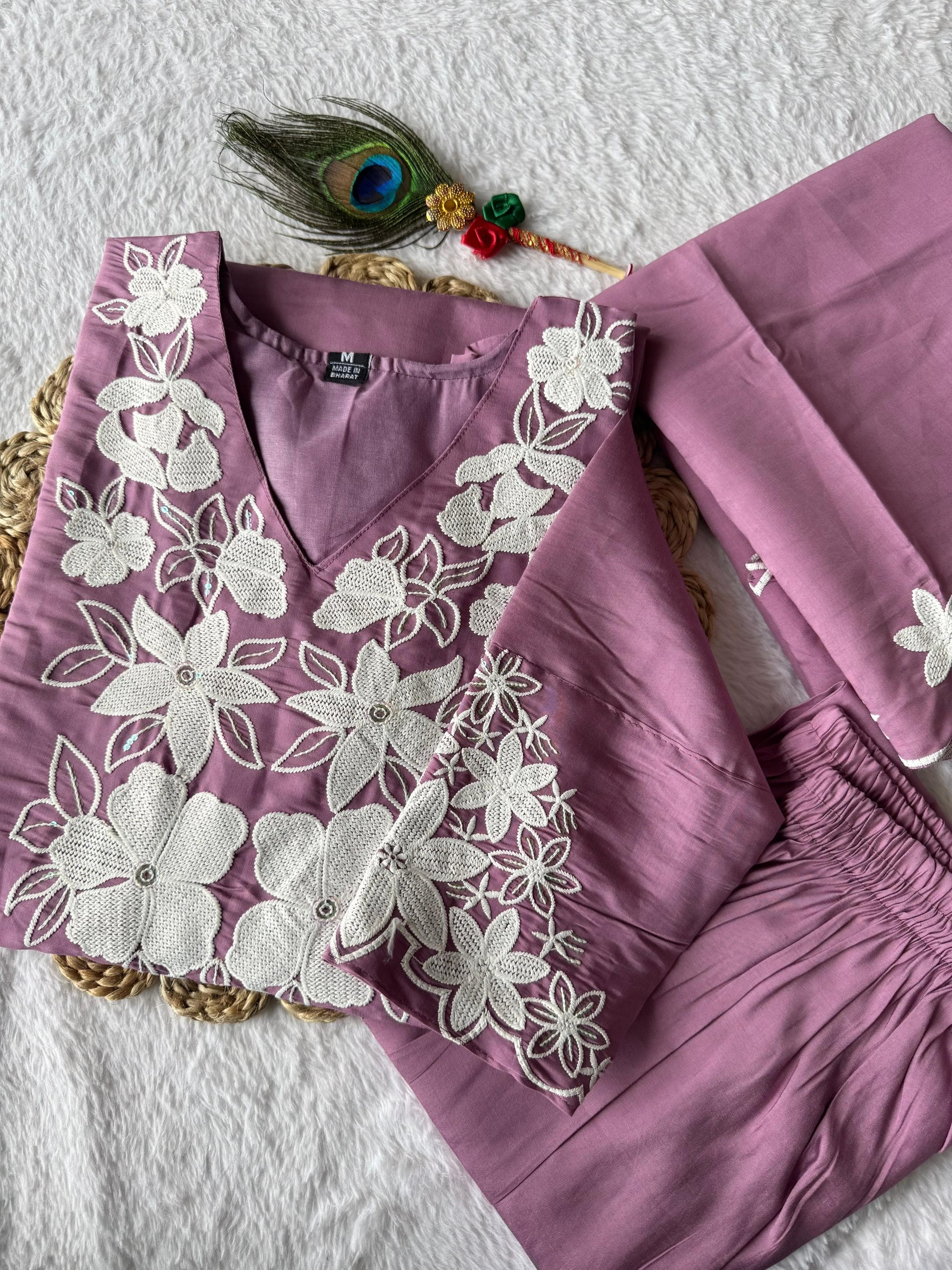 Mauve Embroidered Kurta Set for Women | Premium Roman Silk Fabric | Elegant Daily & Festive Wear