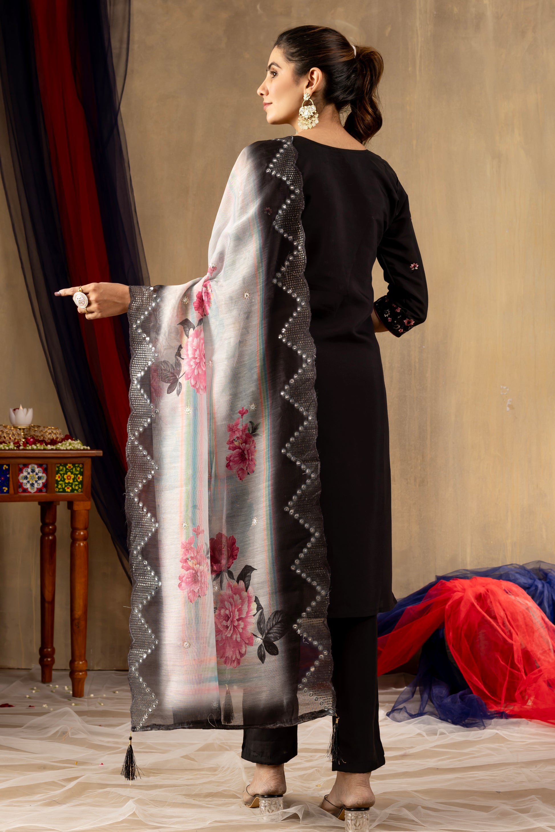 Black Roman Silk Embroidered Kurti Set with Floral Chanderi Dupatta – Kesarii Ethnic Collection