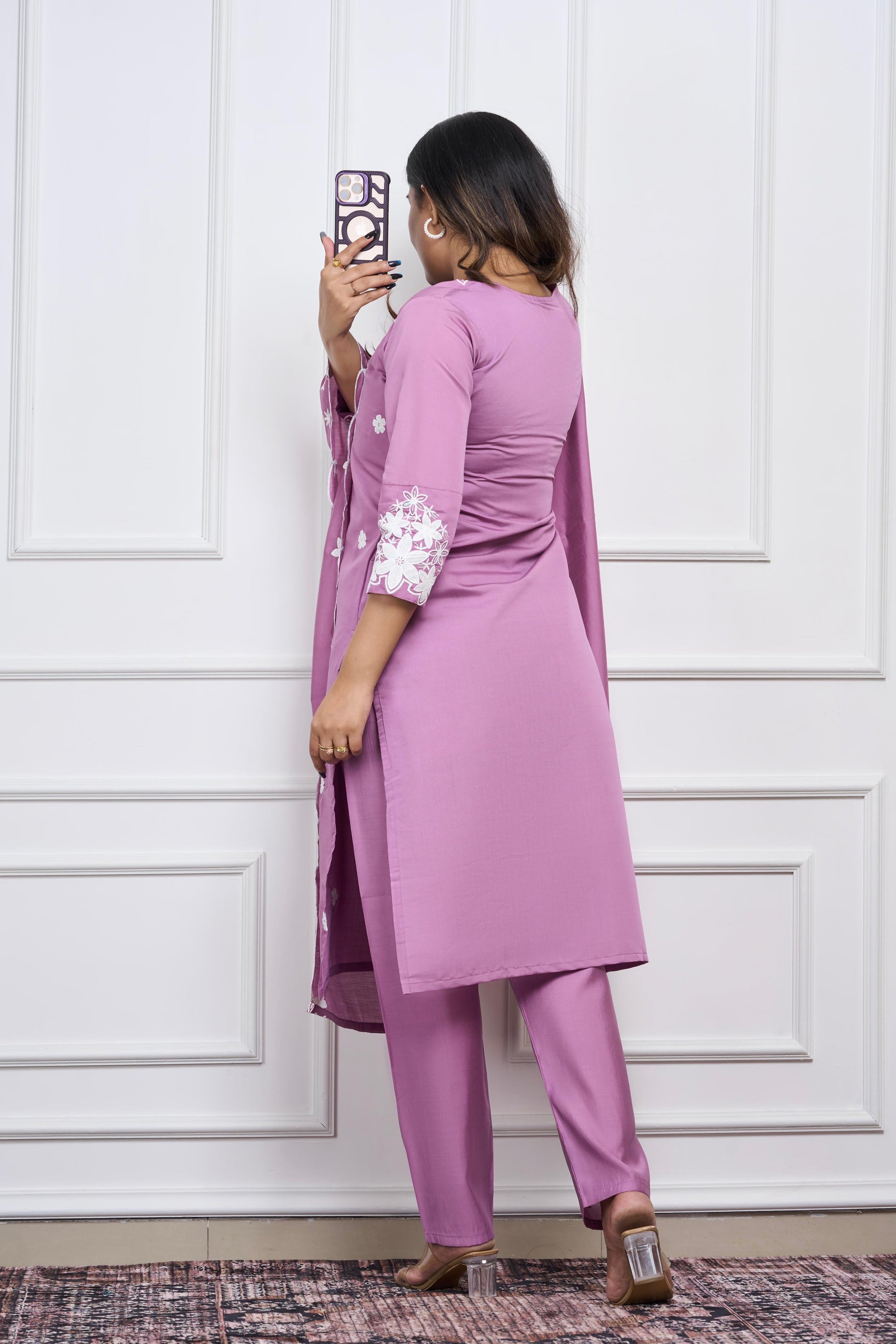 Mauve Embroidered Kurta Set for Women | Premium Roman Silk Fabric | Elegant Daily & Festive Wear