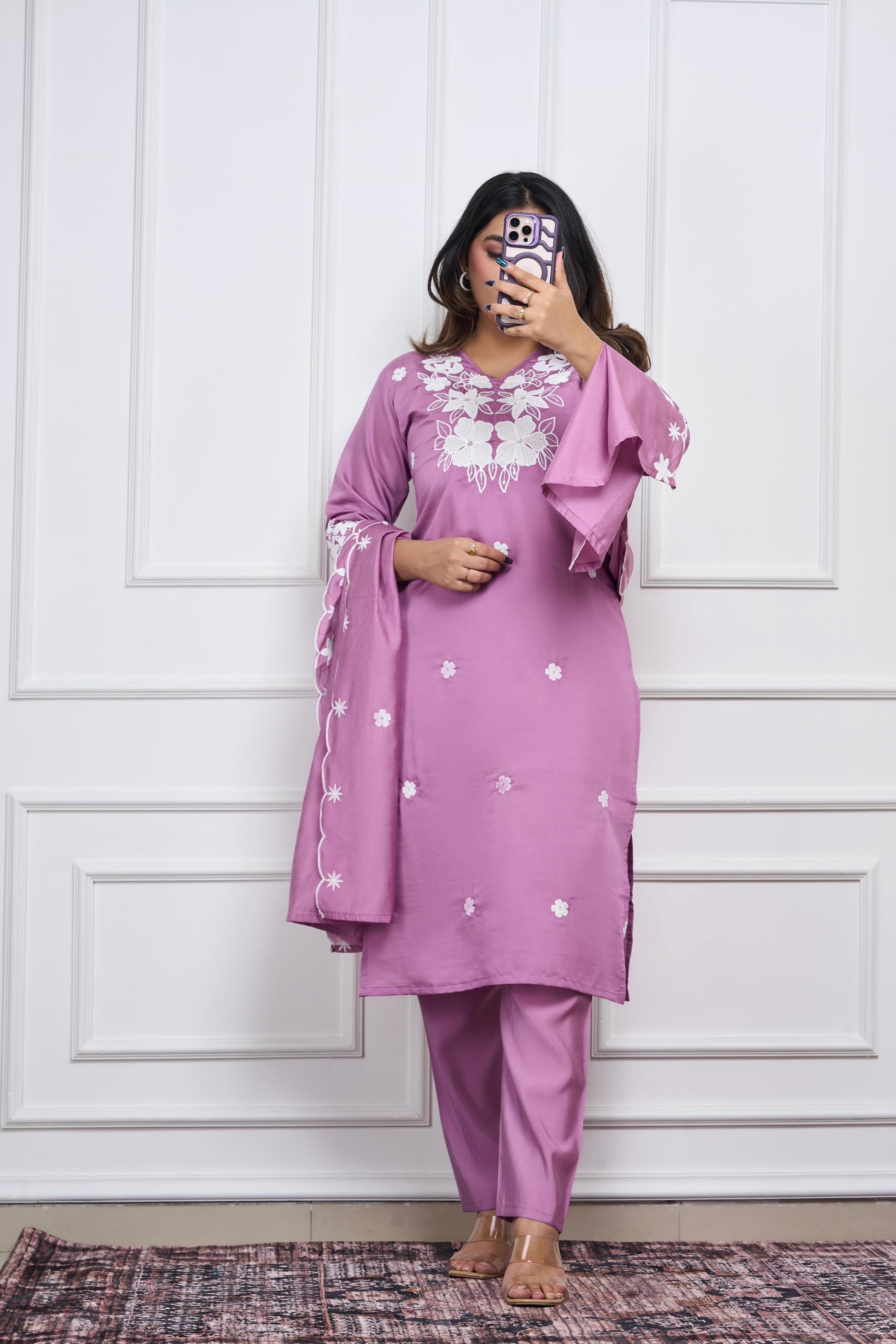 Mauve Embroidered Kurta Set for Women | Premium Roman Silk Fabric | Elegant Daily & Festive Wear