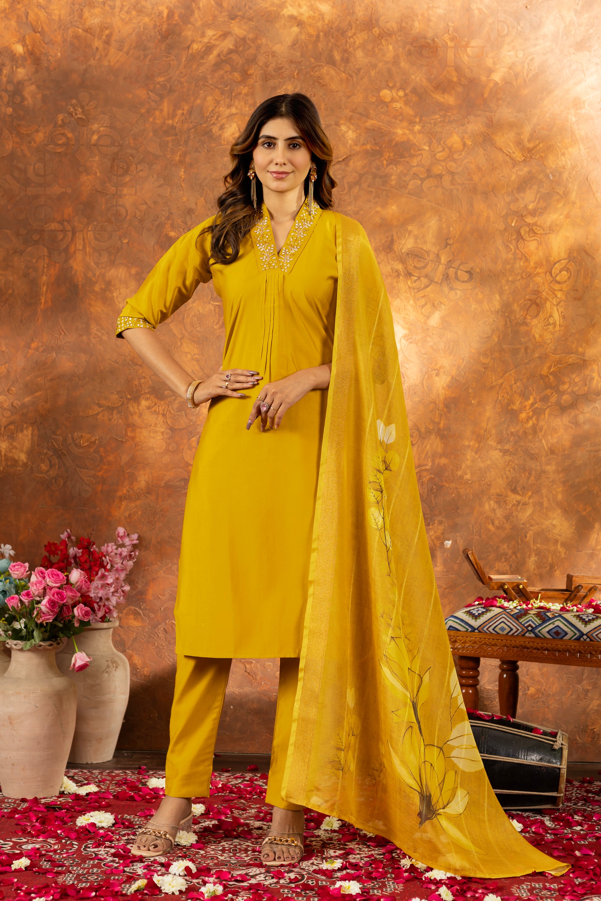 Musterd Yellow Roman Silk Kurti Set with Embroidered Neck & Floral Maslin Dupatta – Kesarii Elegant Ethnic Wear