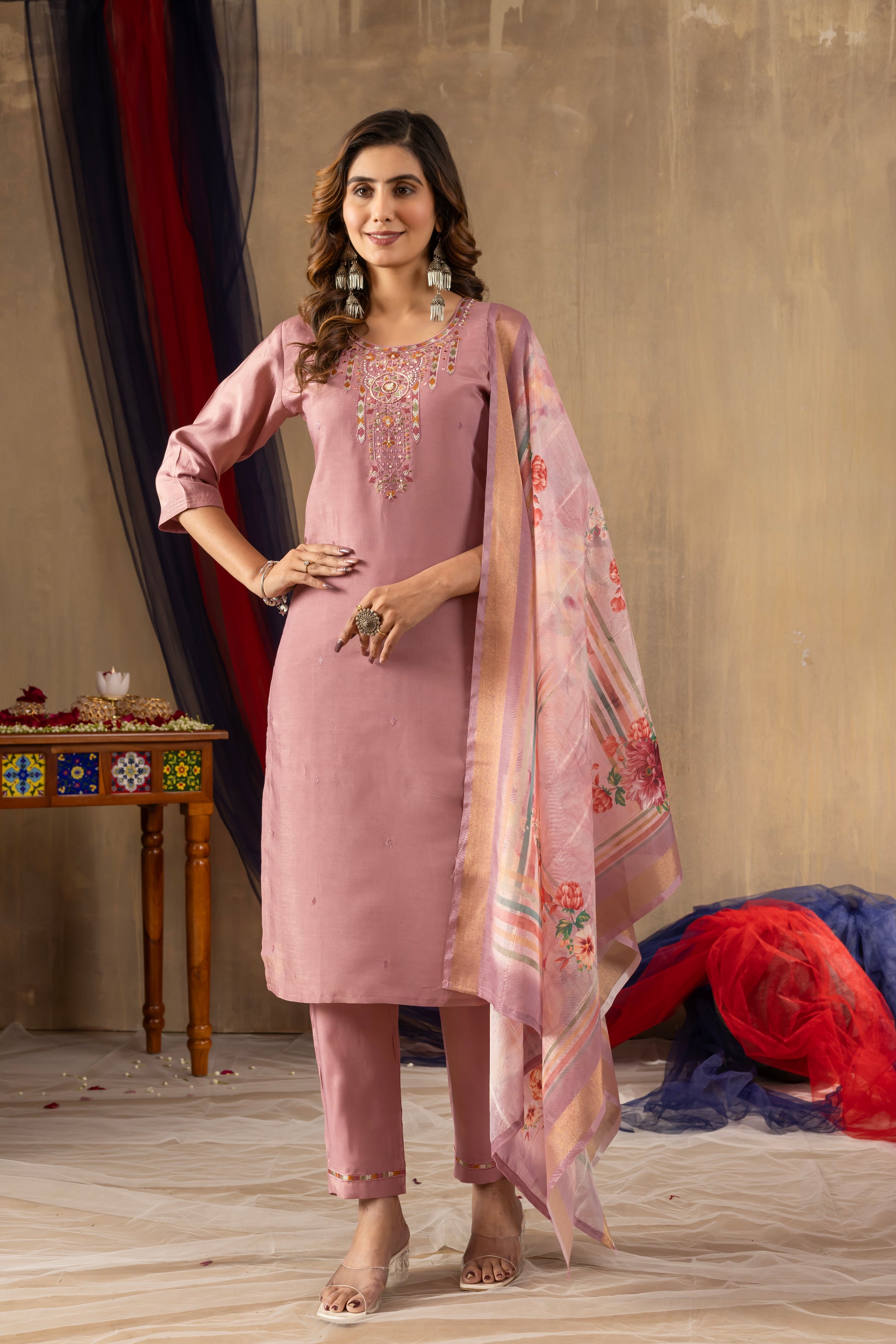 Dusty Pink Shimmer Gold Silk Kurti Set with Floral Muslin Dupatta – Kesarii Festive Ethnic Wear