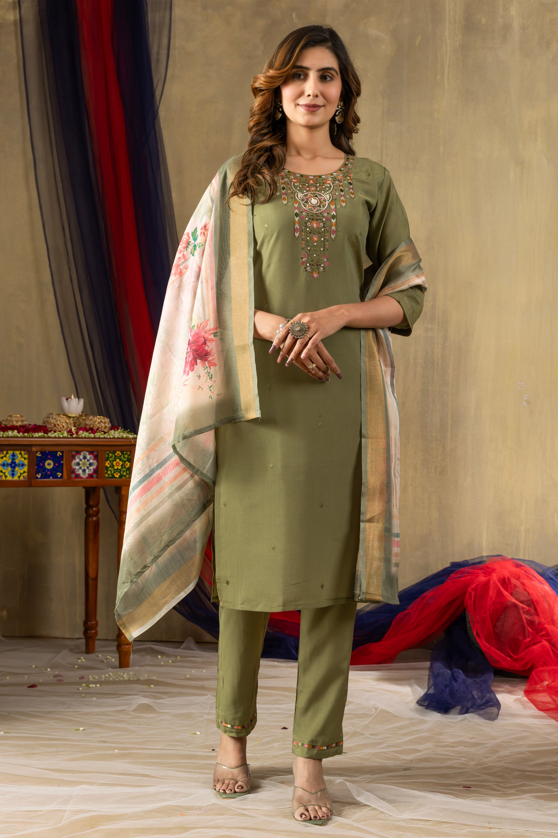 Pista Green Shimmer Gold Silk Kurti Set with Floral Muslin Dupatta – Kesarii Festive Ethnic Wear
