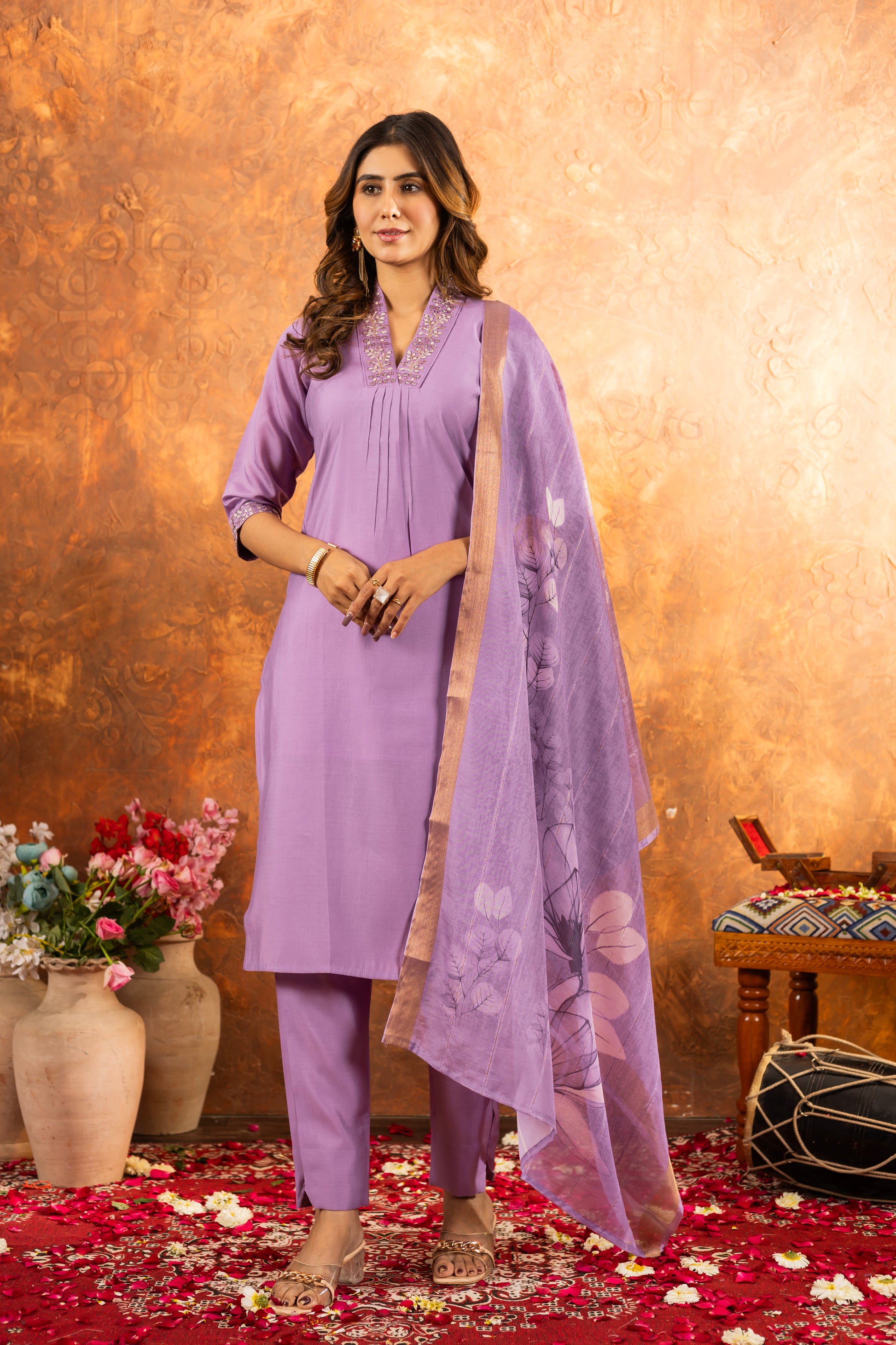 Lavender Roman Silk Kurti Set with Embroidered Neck & Floral Maslin Dupatta – Kesarii Elegant Ethnic Wear