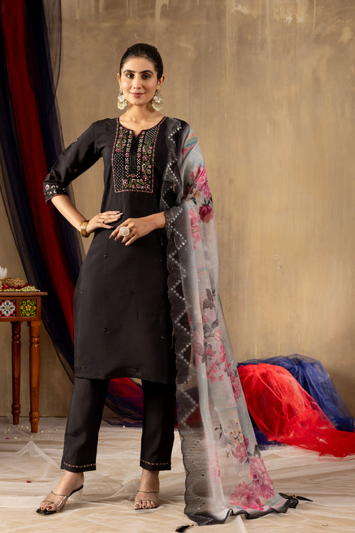 Black Roman Silk Embroidered Kurti Set with Floral Chanderi Dupatta – Kesarii Ethnic Collection