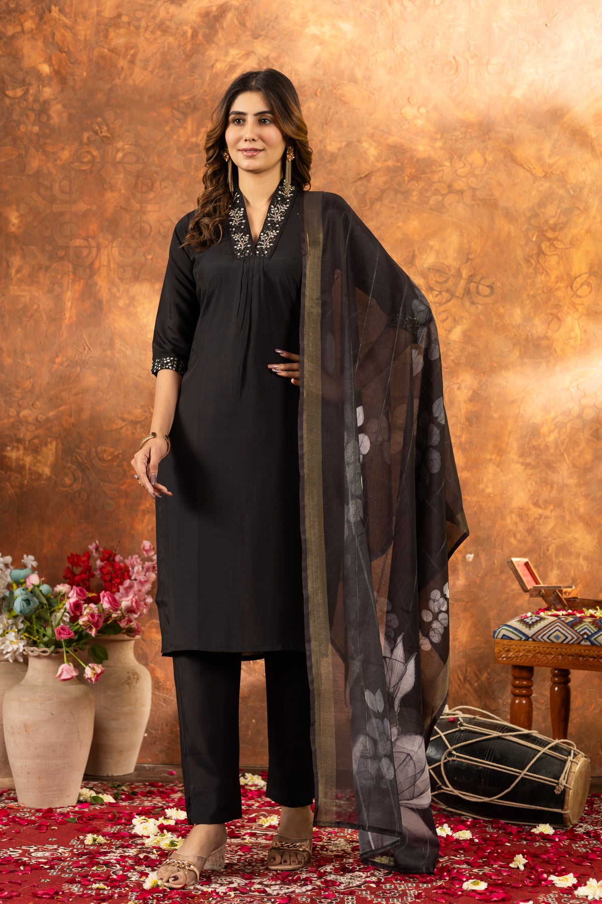 Clasic Black Roman Silk Kurti Set with Embroidered Neck & Floral Maslin Dupatta – Kesarii Elegant Ethnic Wear