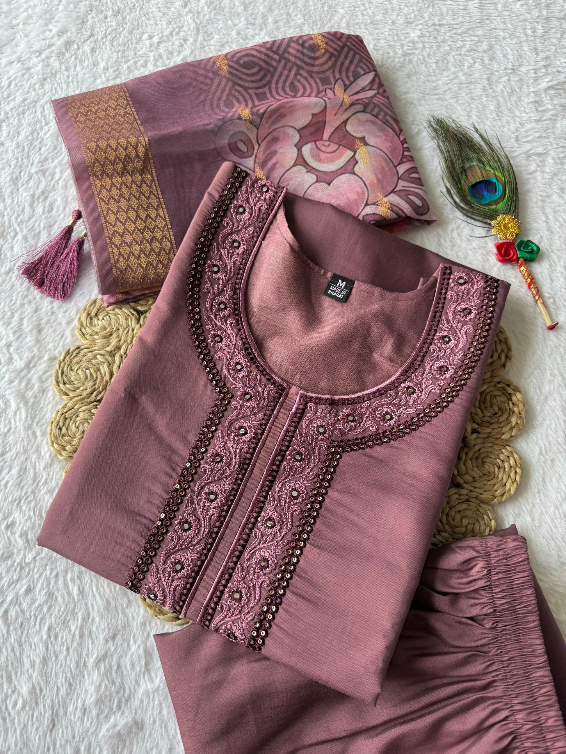 Wine Embroidered Kurta Set with Printed Dupatta | Premium Roman Silk Fabric | Elegant Ethnic Wear for Women