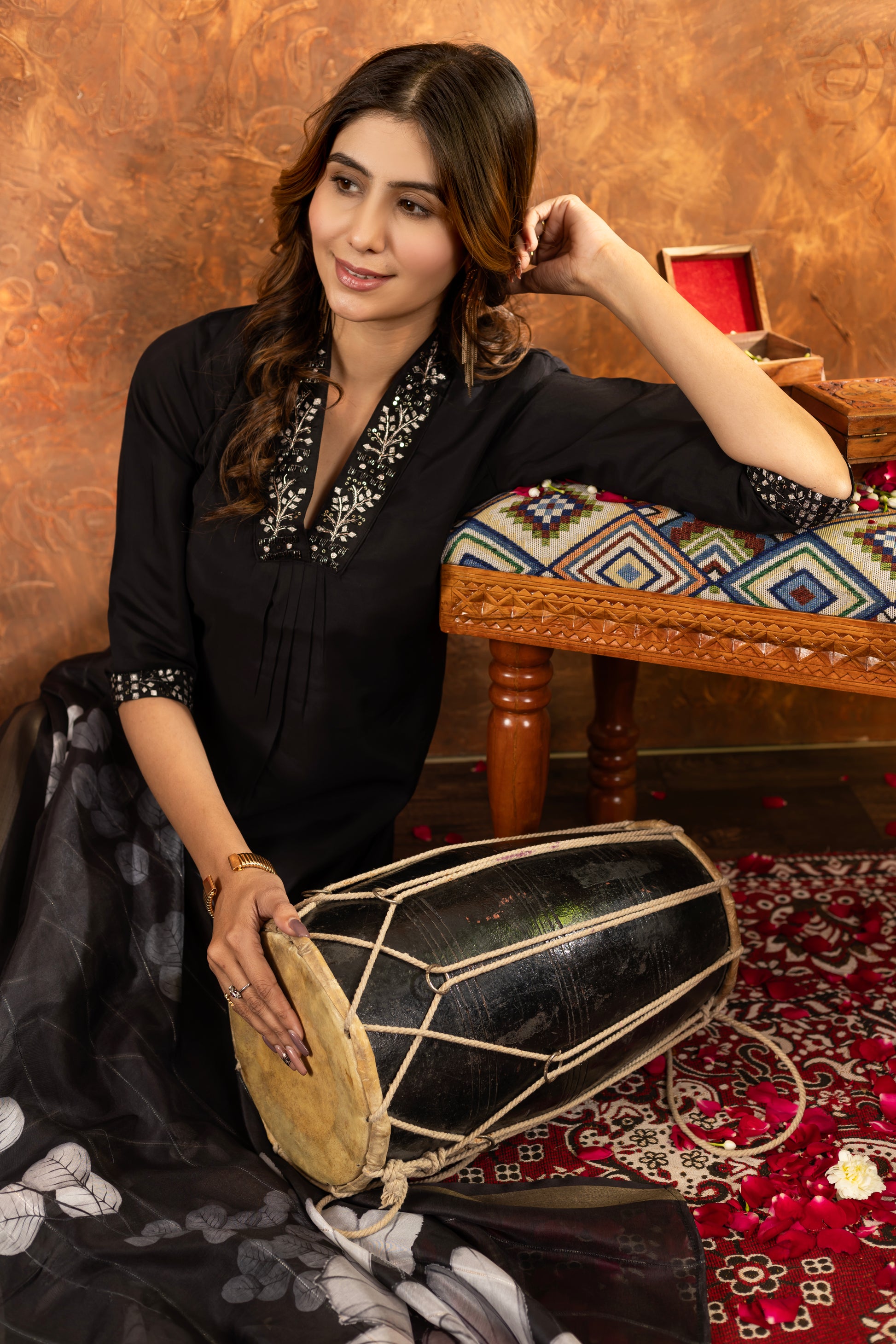 Clasic Black Roman Silk Kurti Set with Embroidered Neck & Floral Maslin Dupatta – Kesarii Elegant Ethnic Wear