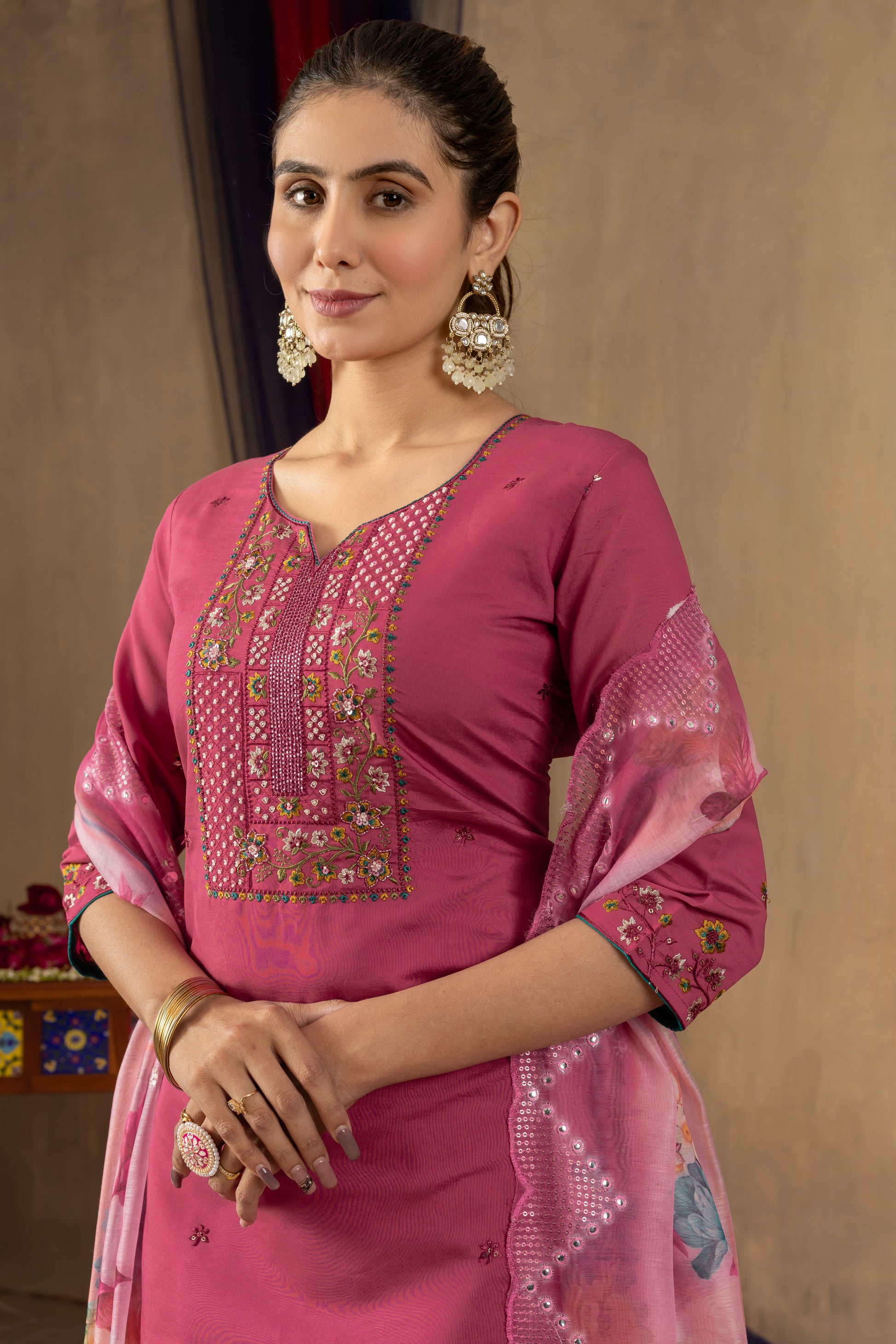 Rani Pink Roman Silk Embroidered Kurti Set with Floral Chanderi Dupatta – Kesarii Women’s Festive Wear