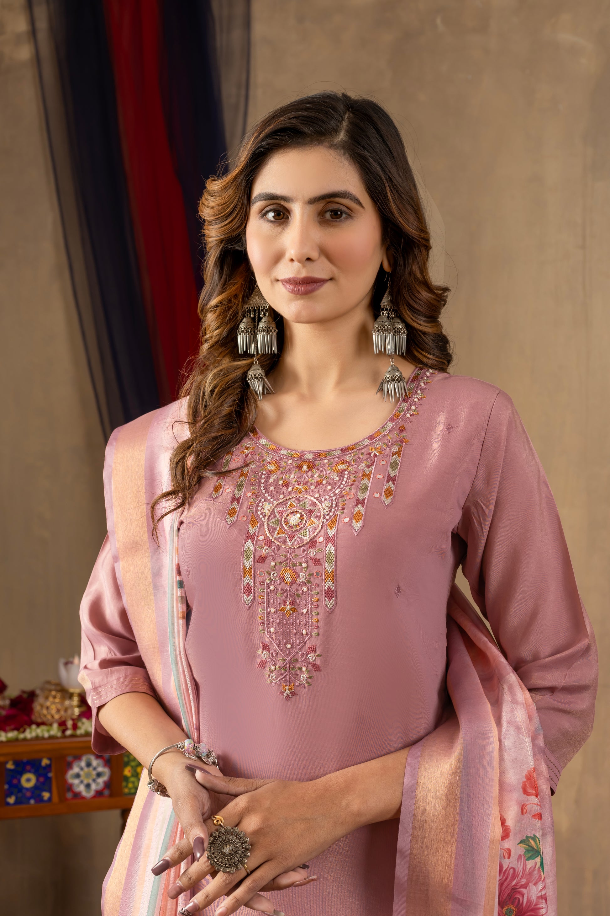 Dusty Pink Shimmer Gold Silk Kurti Set with Floral Muslin Dupatta – Kesarii Festive Ethnic Wear
