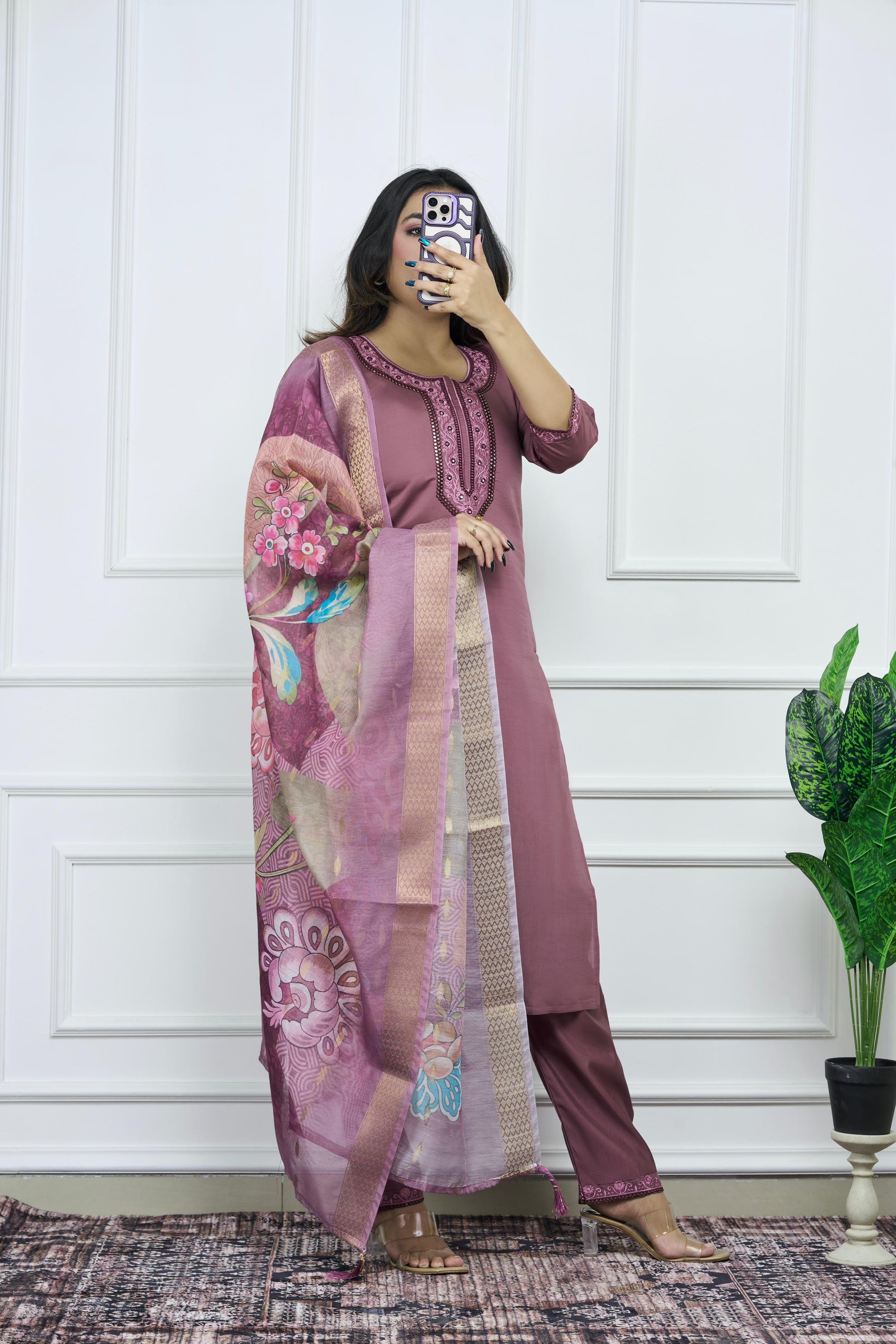 Wine Embroidered Kurta Set with Printed Dupatta | Premium Roman Silk Fabric | Elegant Ethnic Wear for Women
