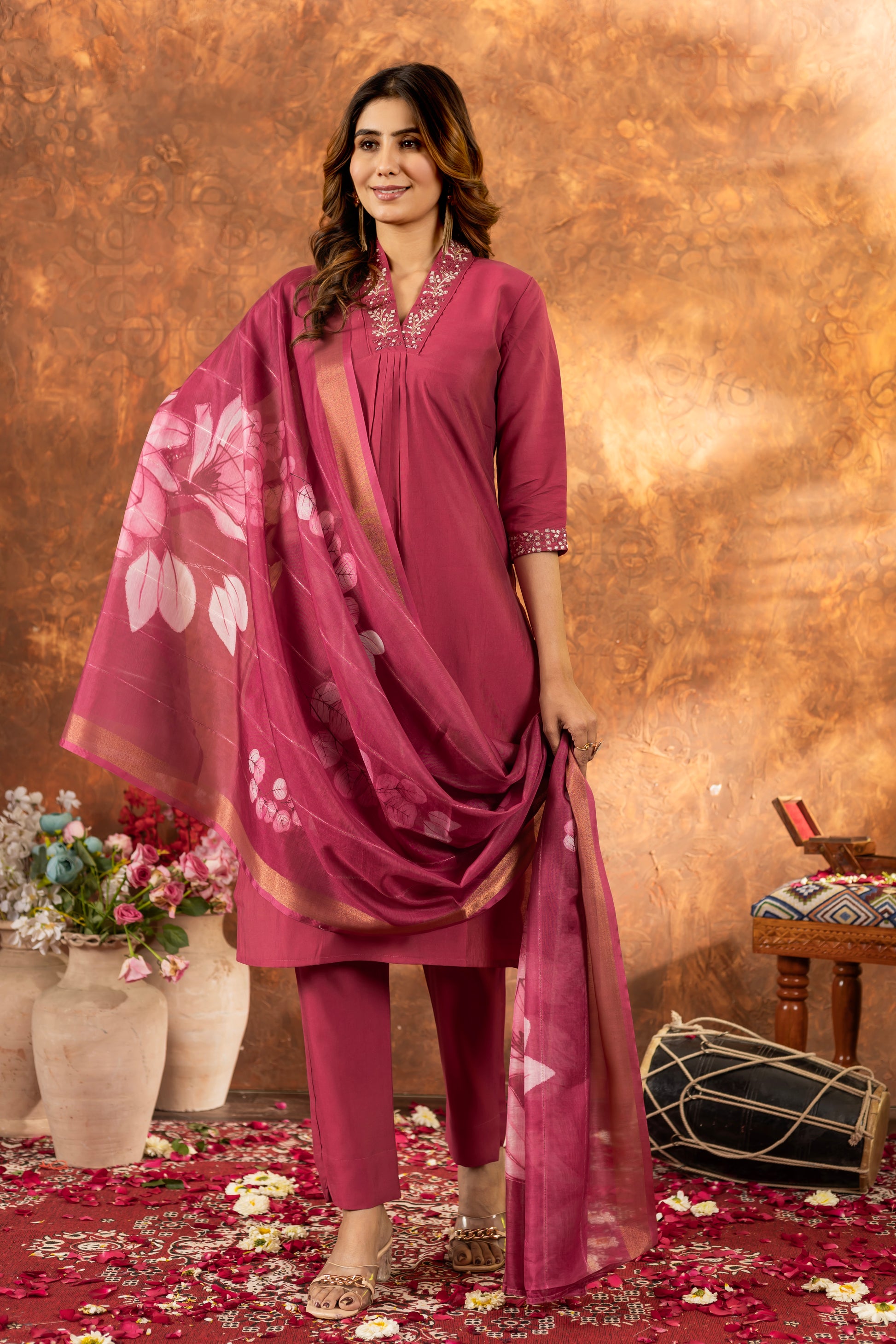 Rose Pink Roman Silk Kurti Set with Embroidered Neck & Floral Maslin Dupatta – Kesarii Elegant Ethnic Wear