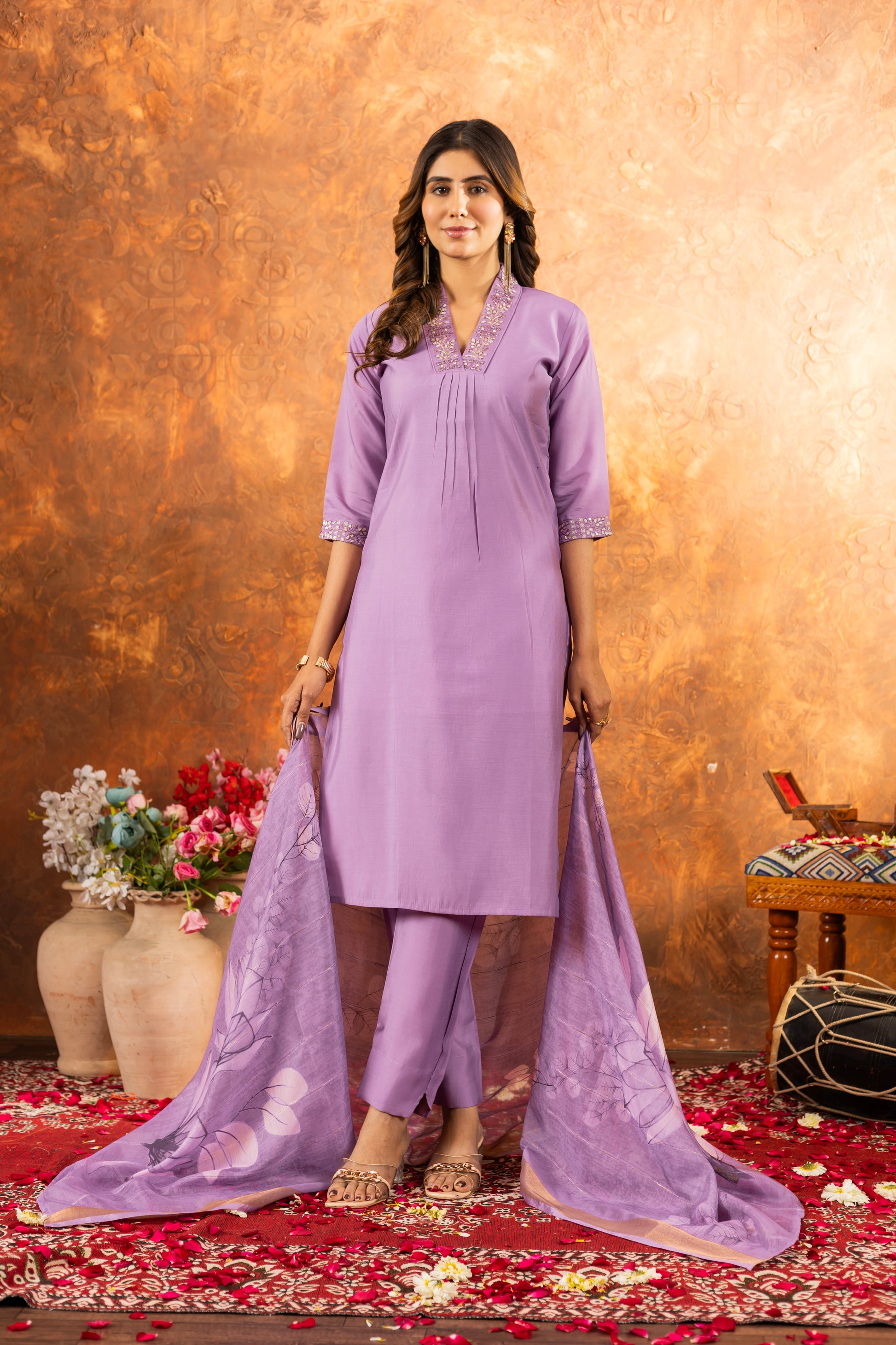 Lavender Roman Silk Kurti Set with Embroidered Neck & Floral Maslin Dupatta – Kesarii Elegant Ethnic Wear