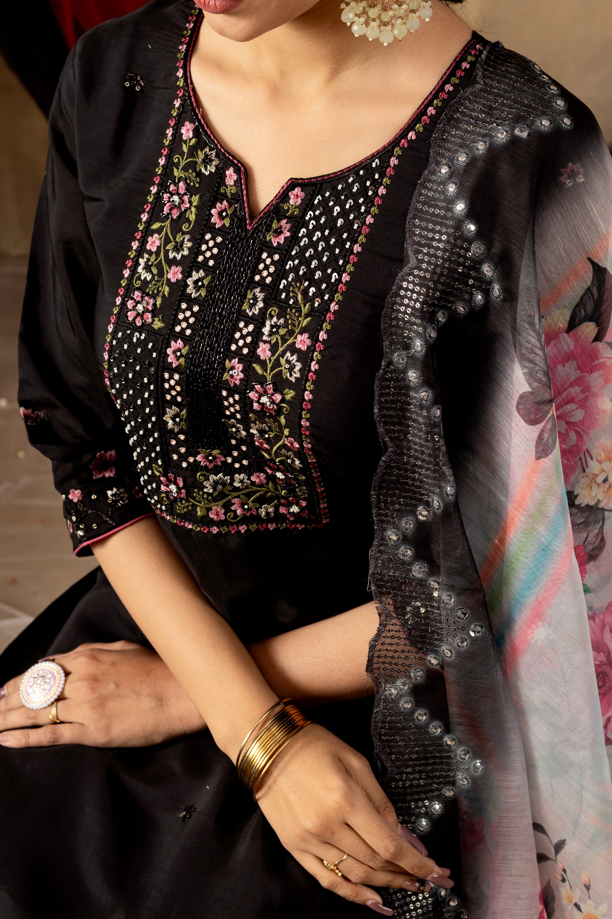 Black Roman Silk Embroidered Kurti Set with Floral Chanderi Dupatta – Kesarii Ethnic Collection