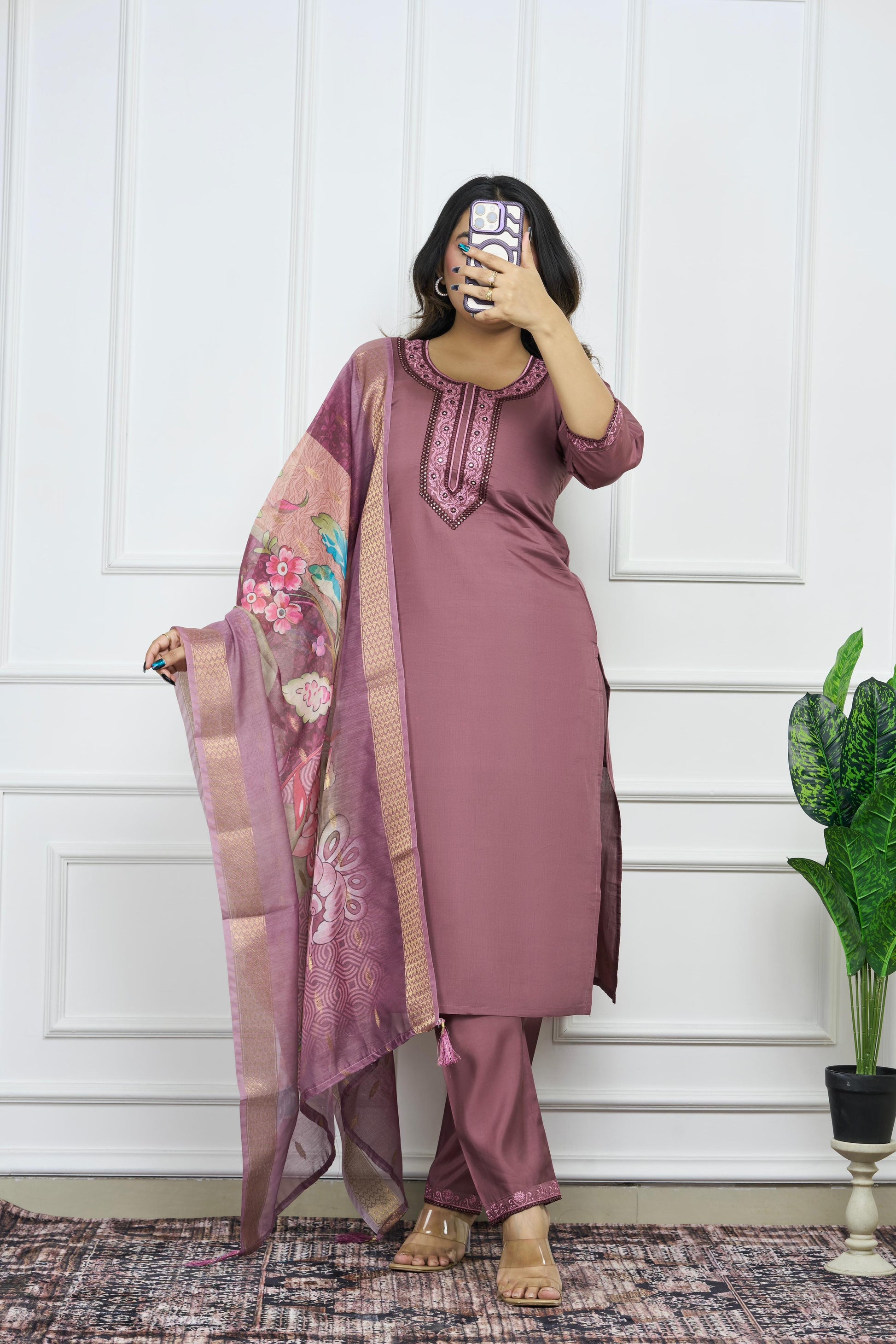 Wine Embroidered Kurta Set with Printed Dupatta | Premium Roman Silk Fabric | Elegant Ethnic Wear for Women