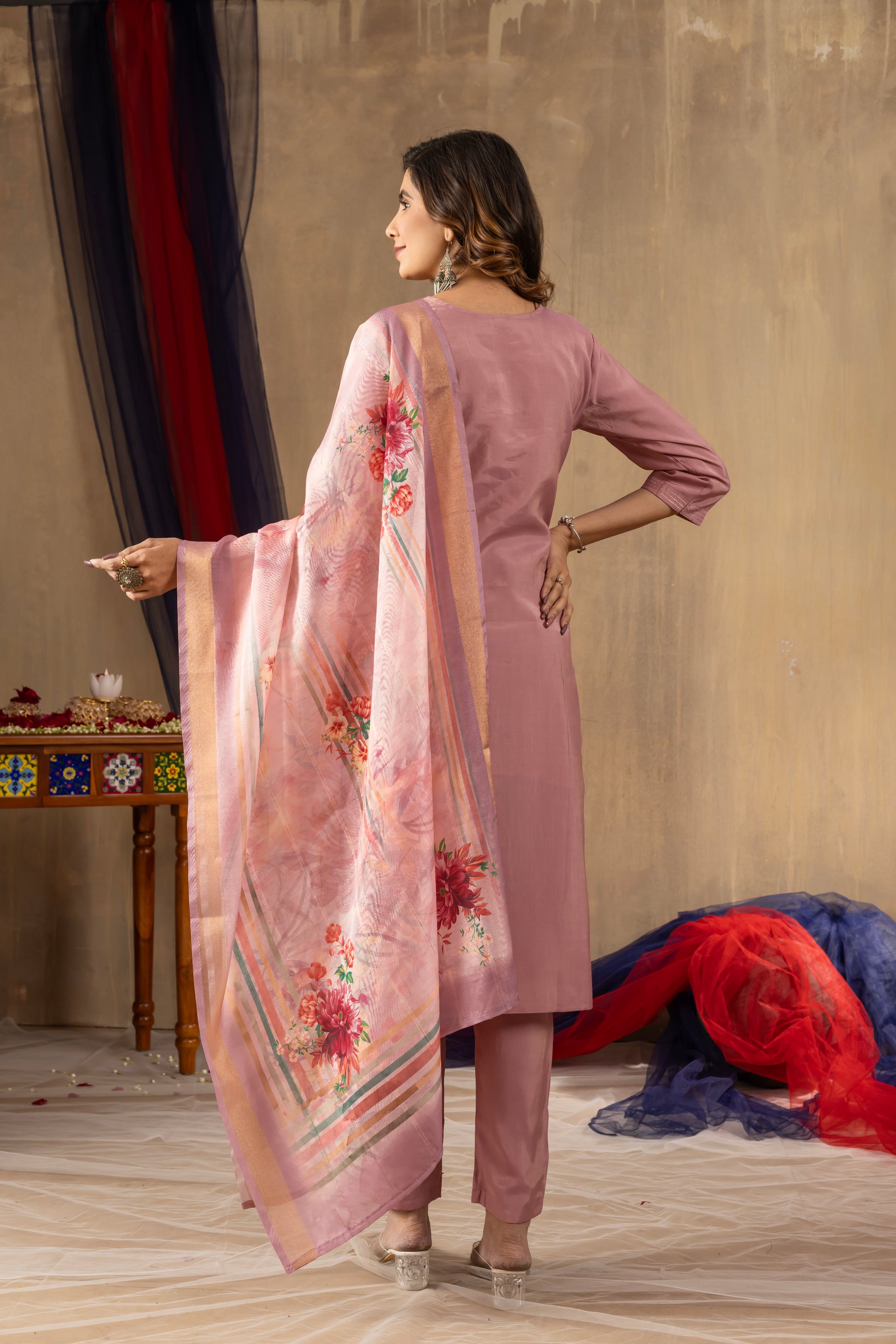 Dusty Pink Shimmer Gold Silk Kurti Set with Floral Muslin Dupatta – Kesarii Festive Ethnic Wear