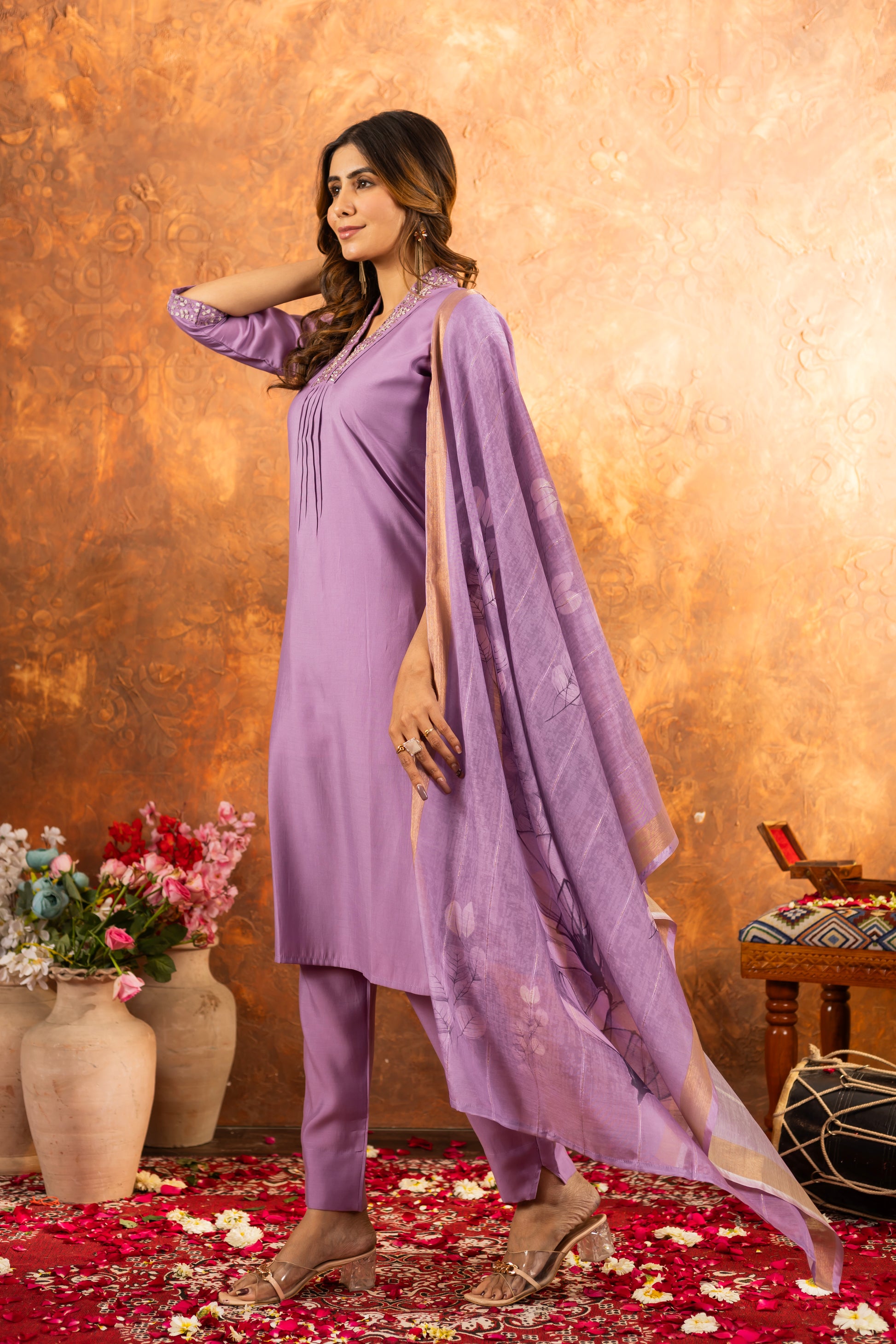 Lavender Roman Silk Kurti Set with Embroidered Neck & Floral Maslin Dupatta – Kesarii Elegant Ethnic Wear