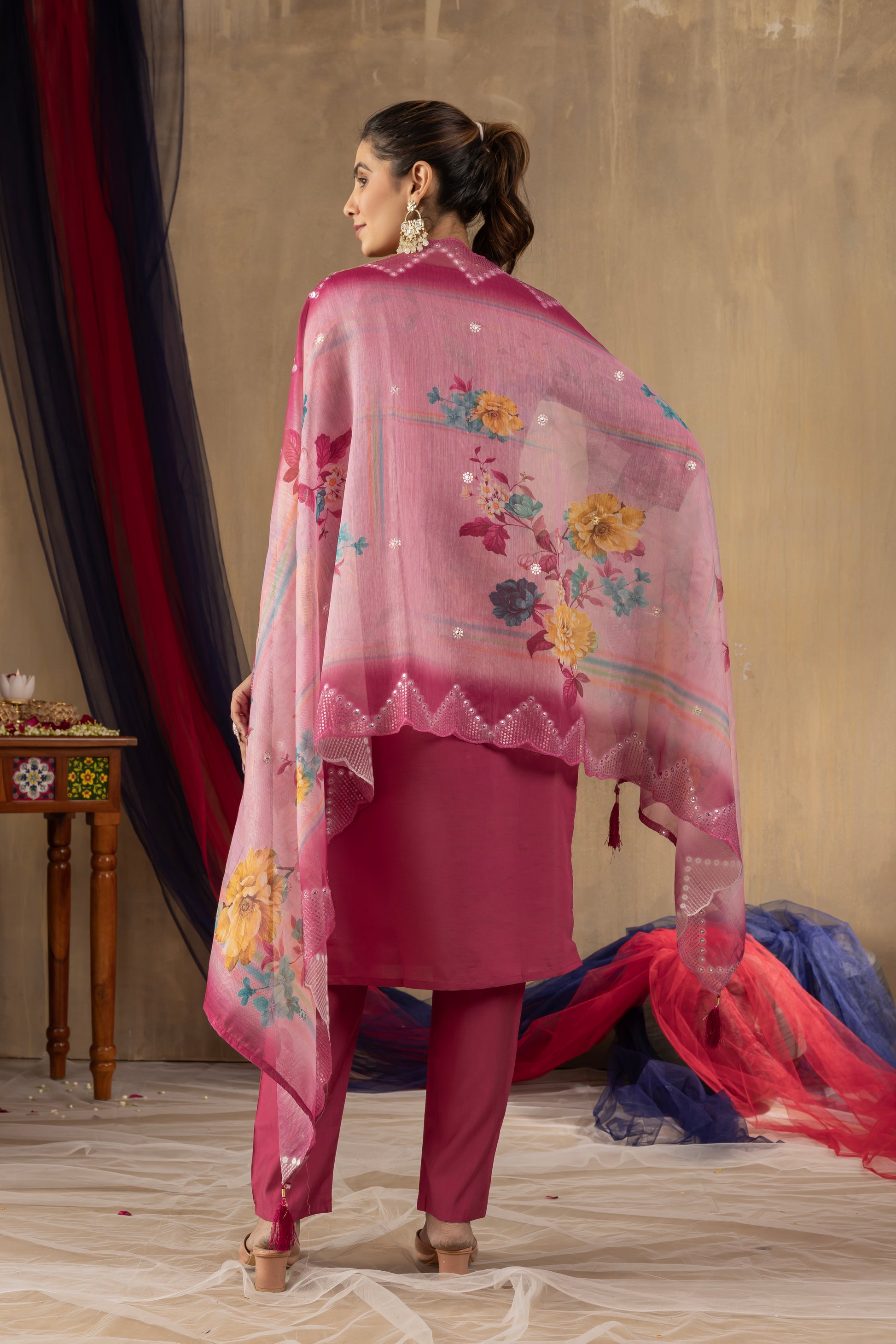 Rani Pink Roman Silk Embroidered Kurti Set with Floral Chanderi Dupatta – Kesarii Women’s Festive Wear