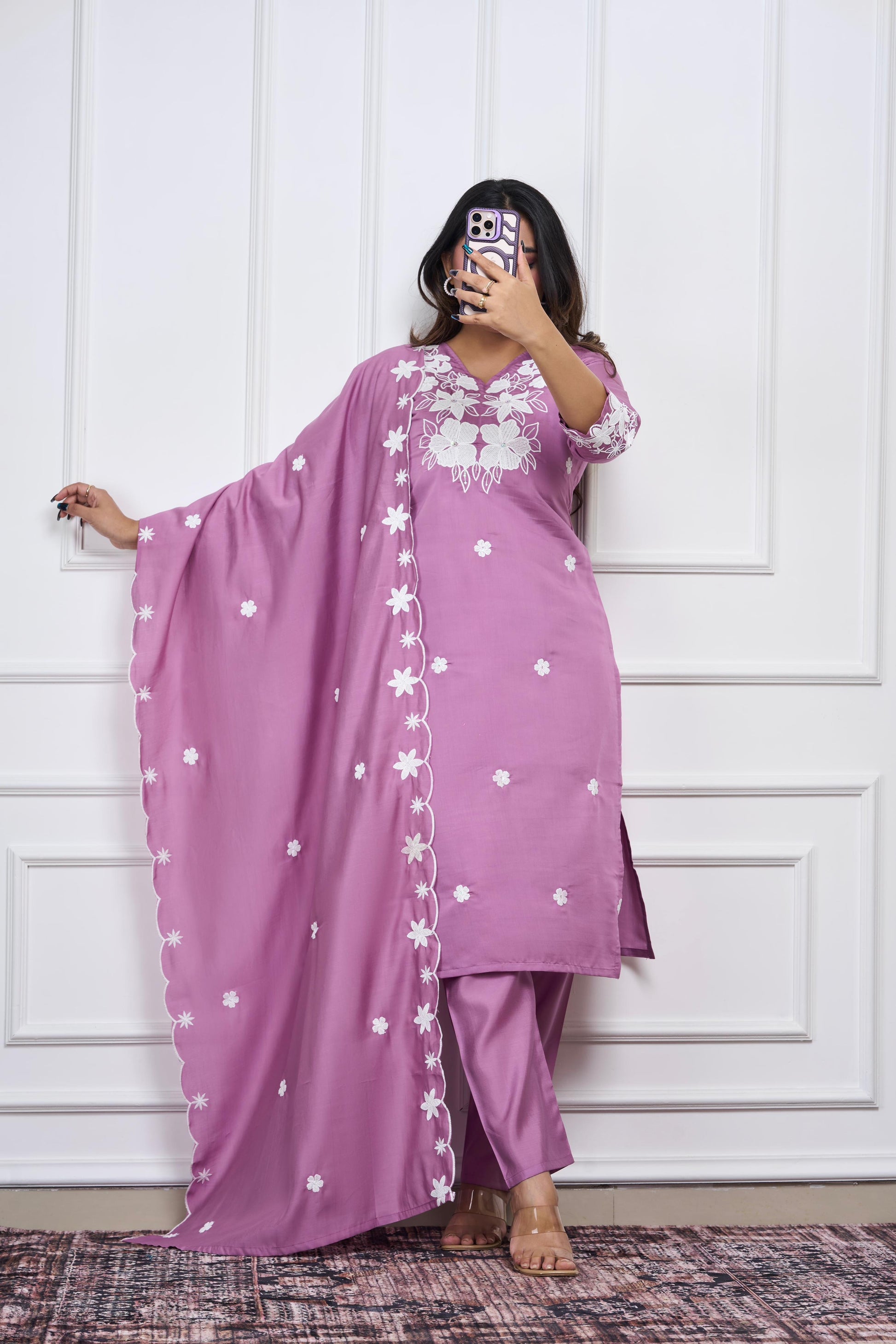 Mauve Embroidered Kurta Set for Women | Premium Roman Silk Fabric | Elegant Daily &amp; Festive Wear