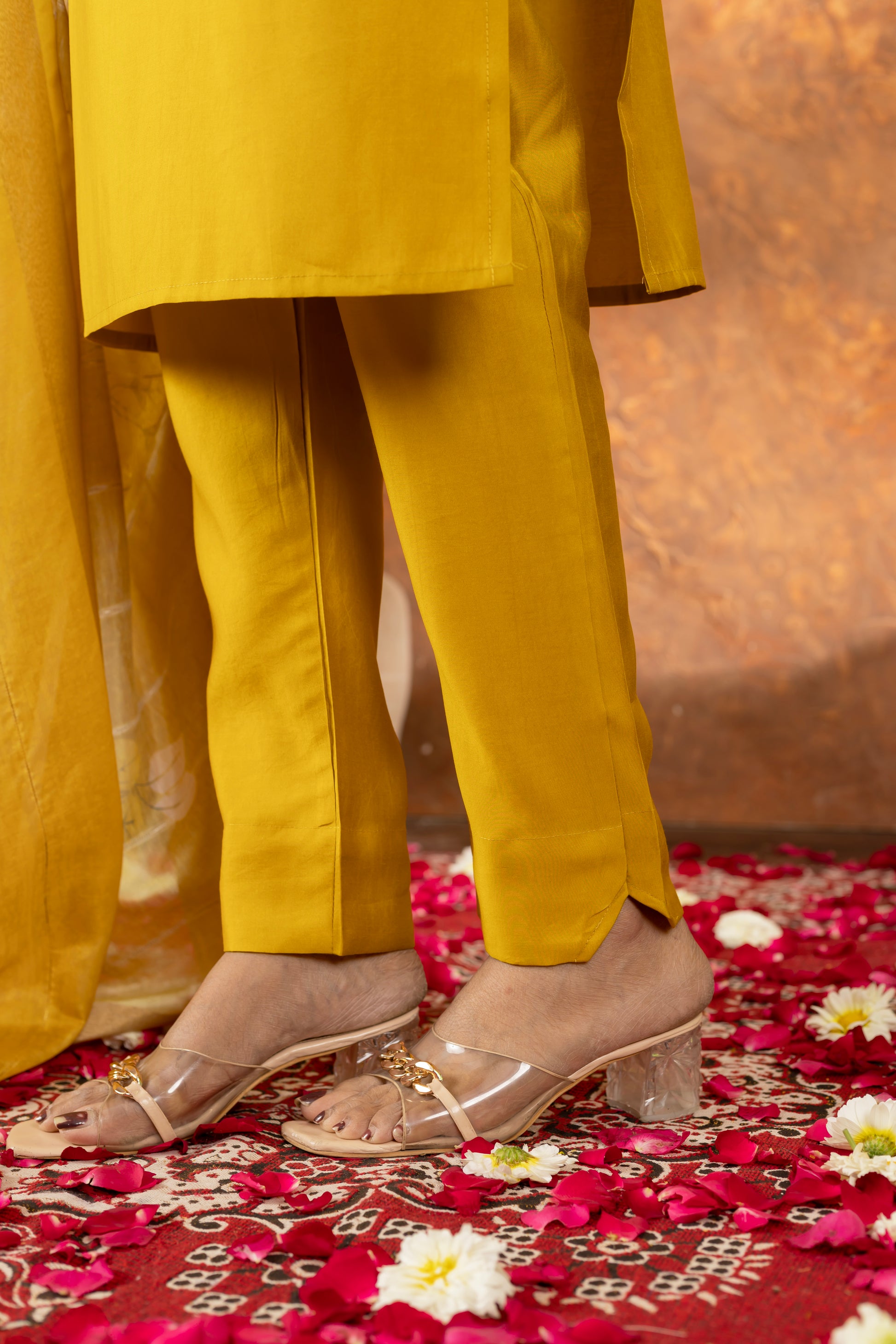 Musterd Yellow Roman Silk Kurti Set with Embroidered Neck & Floral Maslin Dupatta – Kesarii Elegant Ethnic Wear