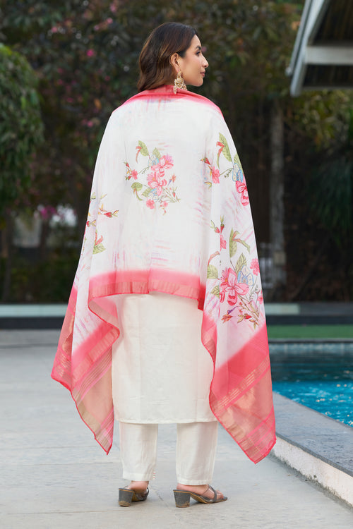 Elegant White Embroidered Kurti Set with Pink Floral Silk Dupatta – Kesarii Premium Ethnic Wear