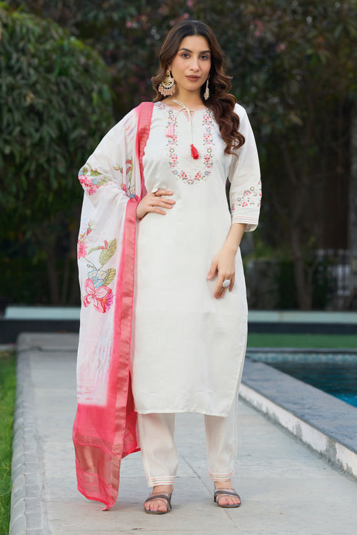 Elegant White Embroidered Kurti Set with Pink Floral Silk Dupatta – Kesarii Premium Ethnic Wear