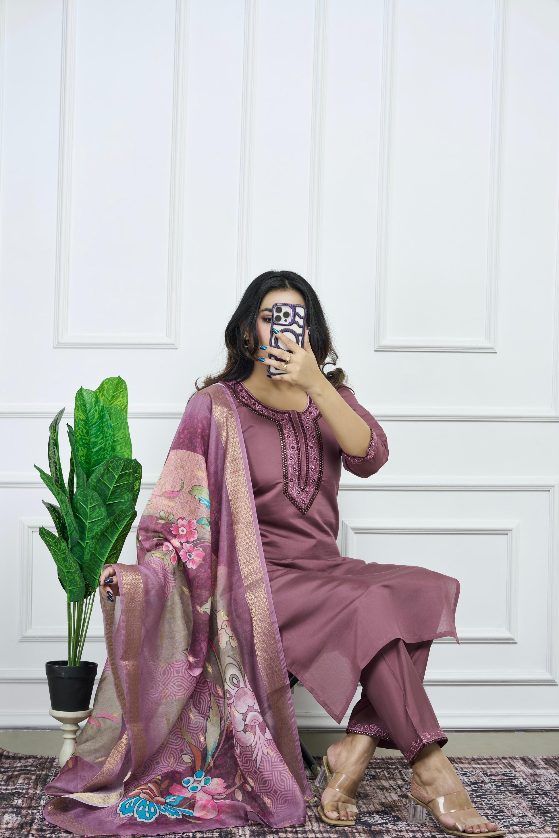 Wine Embroidered Kurta Set with Printed Dupatta | Premium Roman Silk Fabric | Elegant Ethnic Wear for Women